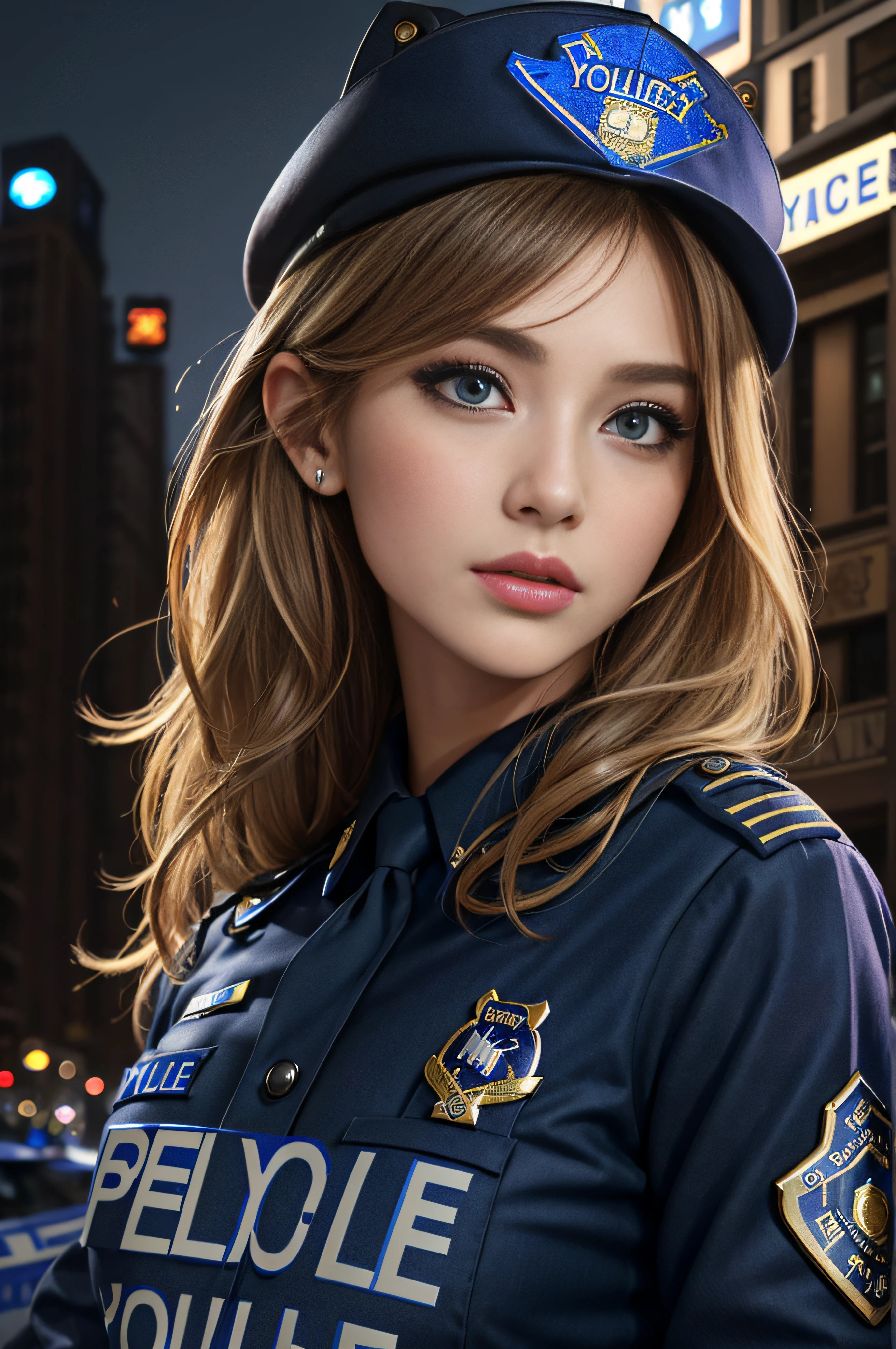 top-quality、hight resolution、ultra-detailliert、masterpiece、Raw photography:1.5、realisitic:1.5、Photorealsitic:1.5、extremely delicate and beautiful、finely detail、 1womanl、(Super beautiful)、(beauitful face:1.5)、(A detailed face:1.5)、gala k-up、(lip stick:1.1)、(eye line:1.2)、mascara、eyeshadows、glamor、blue eyess、(Blonde and brown hair)、Wavy Hair、asymmetrical bangs、(new york police uniform:1.5)、city street at night、facial close-up