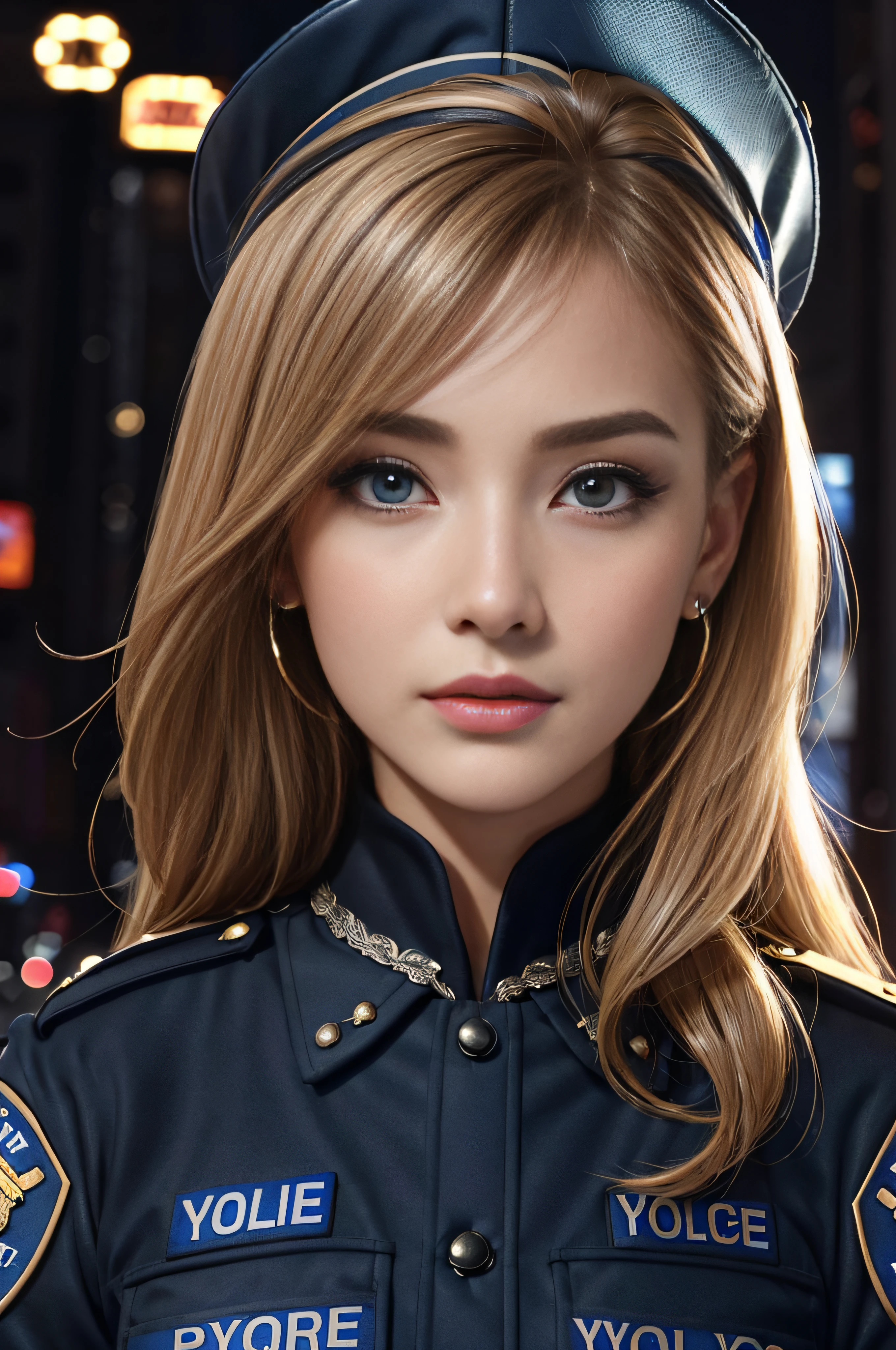 top-quality、hight resolution、ultra-detailliert、masterpiece、Raw photography:1.5、realisitic:1.5、Photorealsitic:1.5、extremely delicate and beautiful、finely detail、 1womanl、(Super beautiful)、(beauitful face:1.5)、(A detailed face:1.5)、gala k-up、(lip stick:1.1)、(eye line:1.2)、mascara、eyeshadows、glamor、blue eyess、(Blonde and brown hair)、Wavy Hair、asymmetrical bangs、(new york police uniform:1.5)、city street at night、facial close-up
