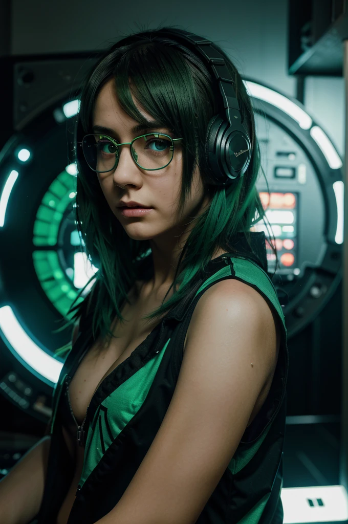 anime, deejaying girl, dj, dj girl, headphones, rave, (highest picture quality),masterpiece,best quality,extremely detailed CG wallpaper, ultra_detailed,(Cinematic Lighting:1.1), (cold face), green eyes, 1girl, solo, dark-green_hair, short_hair, masterpiece, best quality, glasses