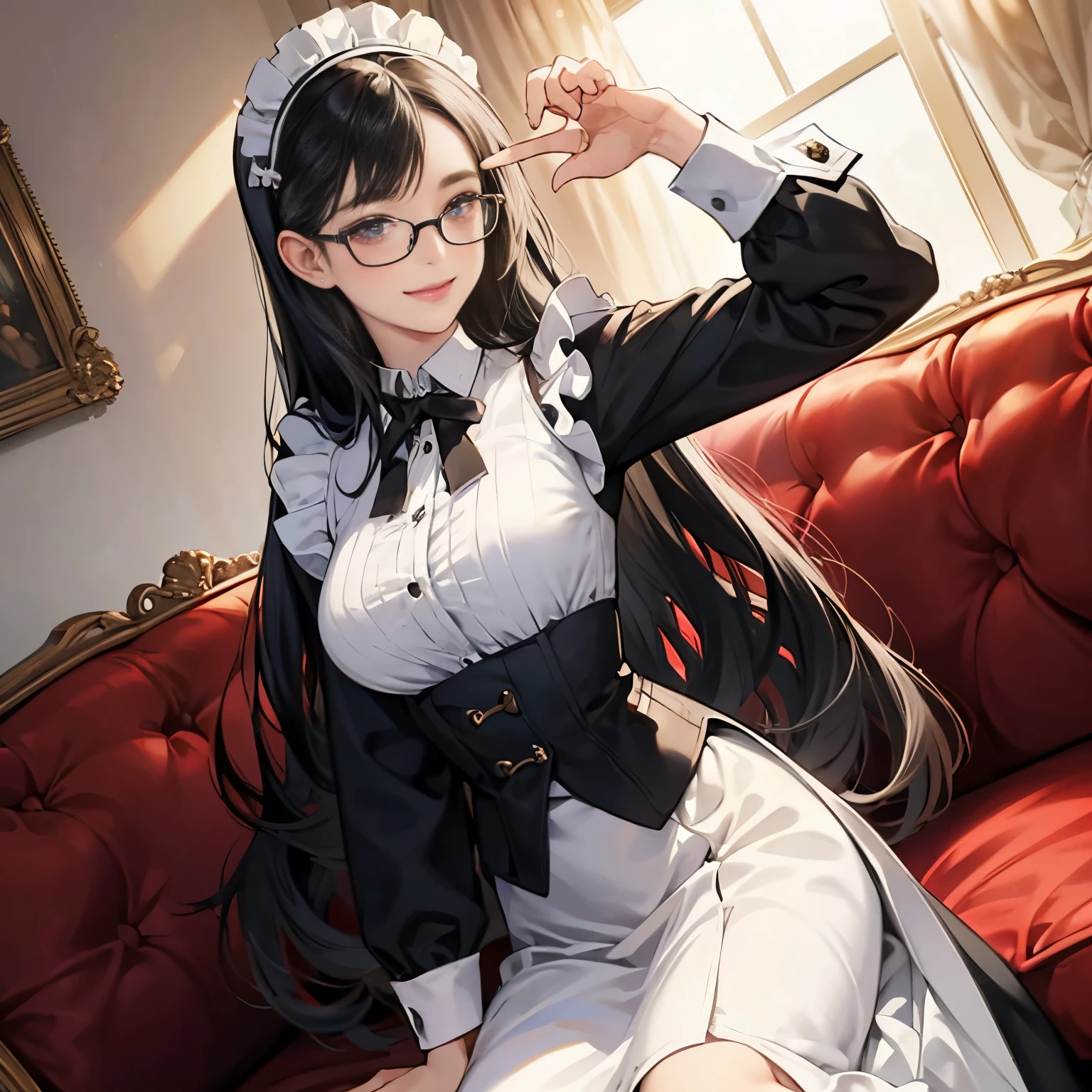1 girl,A cute maid wearing glasses saying hello by pinching her skirt.,Look at me and smile,long straight hair with black hair,tre anatomically correct,Precise fingers,Colossal tits,Maid clothes with long skirts,Patsun patsun chest,Greet by pinching the hem of your skirt.,In a luxurious Western-style room,photorealisim,masterpiece,