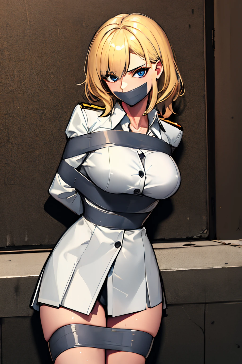 (absurdres, 8k, 4k, masterpiece, hyper extreme detailed:1.2), solo, 1girl, front view, perfect face, 1girl, portrait, expressive eyes, looking at viewer, solo, standing, Female, toned body, mature female, large breasts, pale, platinum blonde hair, long hair, dark blue eyes, swept bangs, athletic body, stoic, windy hair, moving hair, moving clothes, Dark Brown Skirt. White Shirt, German, Military, battle worn, scars, messy hair, smile, happy, heroic, perfect anatomy, friendly, heroism, light blonde hair, blue sky, sun, clouds, muscular, half body, bound, bondage, (arms behind back:1.4), bdsm, tape gag, tape, tape bondage, restrained, best anatomy, tape wrapped, wrap gag, tightly bound, tape wrapped around face, tape above breasts, tape below breasts, standing, tape gag, platinum blonde hair, light blonde hair, button shirt, tan trench coat, medals, long hair, tape between breasts, taped forearms, taped elbows, taped abdomen, taped nose, taped between arms,