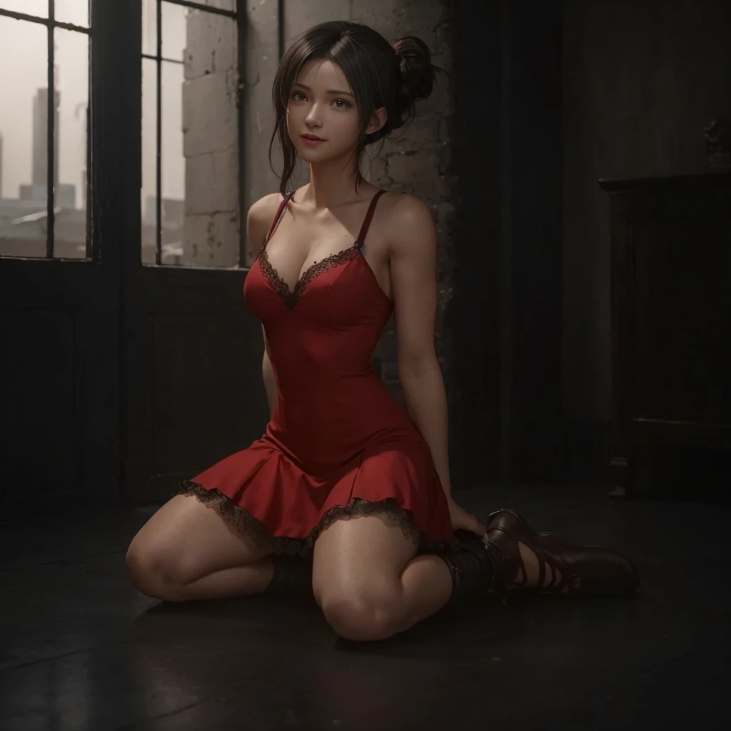 (best quality,ultra-detalhado),(Realistic:1.37),Tifa Lockhart, Rosto bonito e detalhado, maquiagem preta nos olhos, textura ultra realista, rosto delicado, corpo delicado, sorrisinho fofo