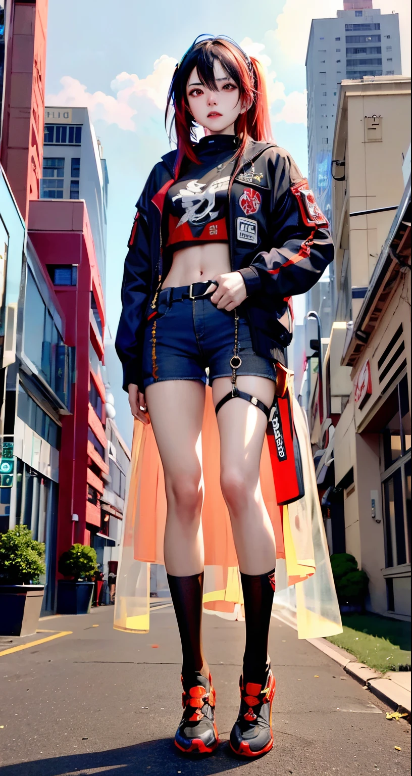 Boutiques,Best quality at best,golden jewelery,(foot slips out),Fairy skin,(Fidelity :1.2),Permanent,超詳細,actual,high qulity,cinematic lighitnglamplight,ray traycing,hyper HD,The upper part of the body, Girl in shorts and jacket standing next to giant robot, Guviz-style artwork, cyberpunk me, CGSTATION trends, guweiz, Russell Dongjun Lu, digital cyberpunk anime art, ross tran 8 k, guweiz on artstation pixiv, Mecha net armor girl
