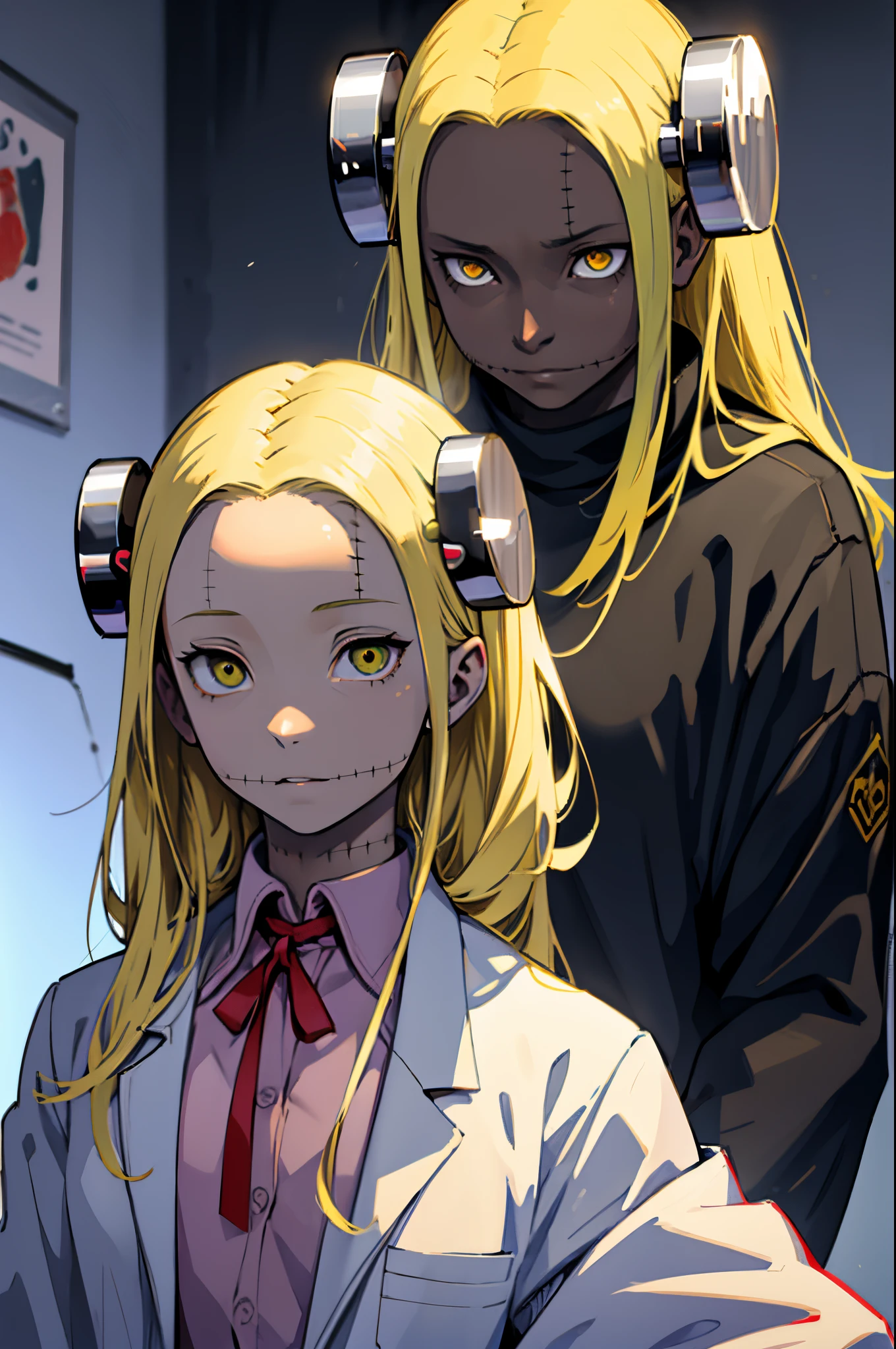 Madaraki_Fran , A  girl, , stands , at the surgeon&#39;s&#39;S&#39;S&#39;S&#39;uniform , Eyes of different colors , clear face , Clean hands , hairlong , yellow hair,seams , Scars on the body , A creepy look , scary eyes , An intimidating look, crazy eyes , yandere , scalpels in hands , against the background of a vein