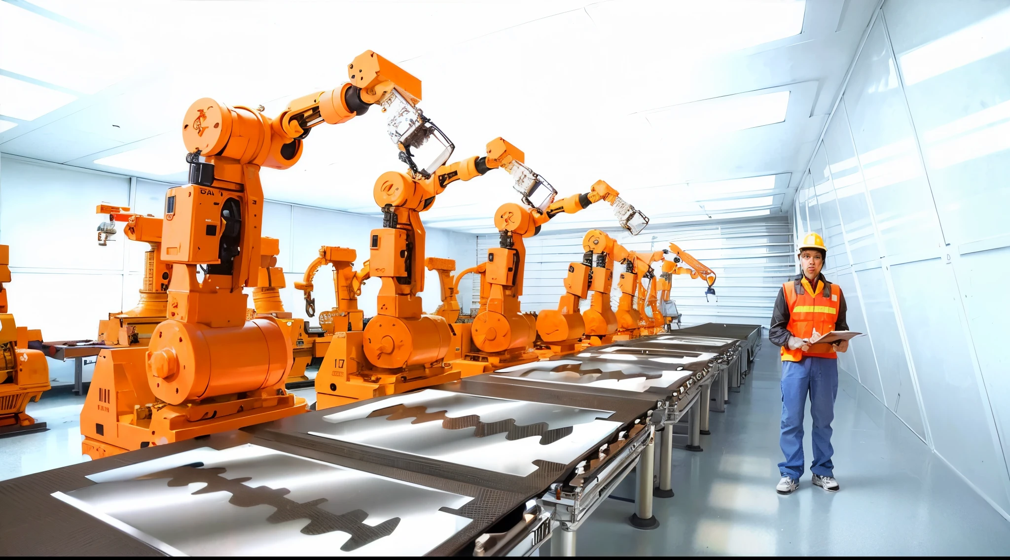 industrial robots in a factory with a lot of big razor blades in conveyor belt, industrial robots, robot machinery, robotic machines, robotic arms, robotic machinery, robot factory, industrial robot, robot arms, extended robotic arms, robotic, robotic platform, with robotic arms, robot in construction, robotic extended arms, realistic robotic machinery, machines and futurist robots, automation, robots, very detailed, very detailed razor blade, a worker standing at the right side wearing orange suit with yellow helmet, factory worker holding document