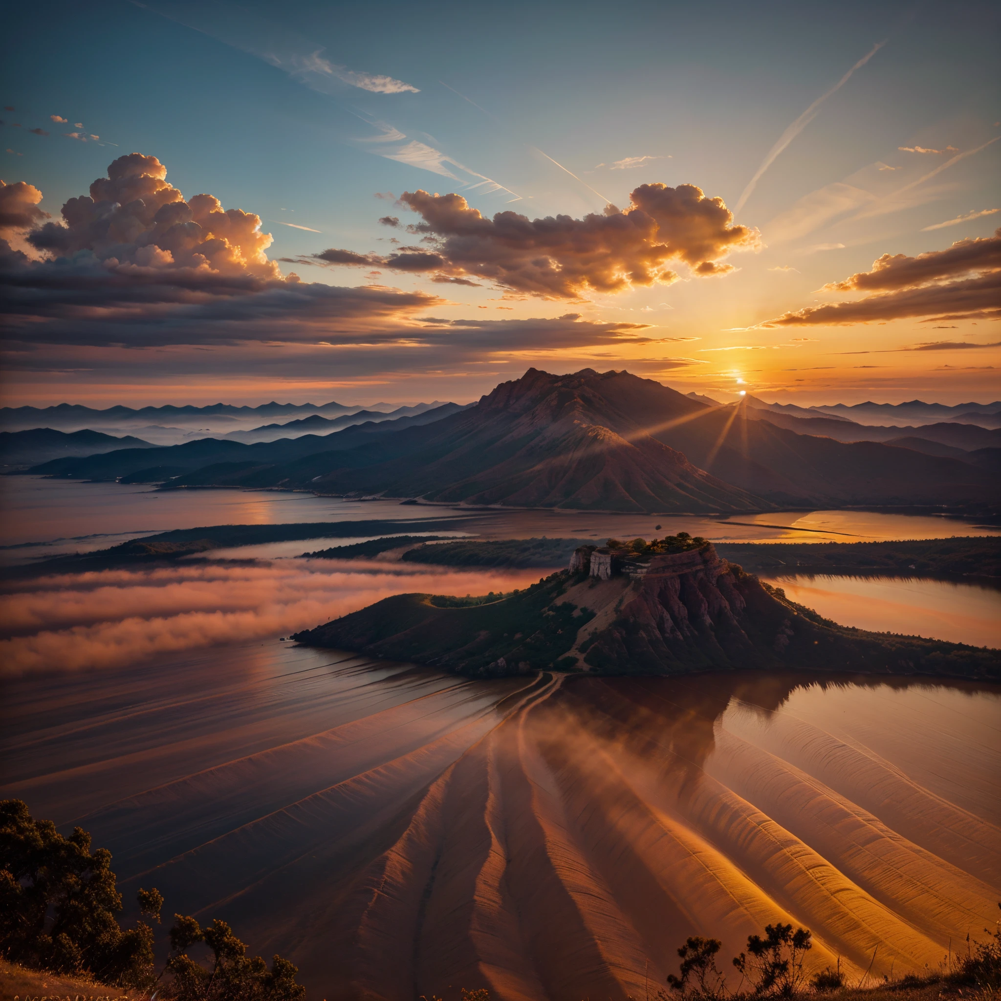 A mesmerizing image of wispy clouds embracing the vibrant hues of the setting sun unfolds before us. These delicate formations grace the canvas of the sky, their tendrils gracefully intertwining with the vivid colors of the descending sun. Captured in this photograph, the ethereal clouds appear almost weightless, their soft edges blending seamlessly with the golden and crimson shades of the evening sky. This breathtaking composition immerses viewers in a world of serene beauty, offering a glimpse into the tranquil harmony of nature's fleeting moments.