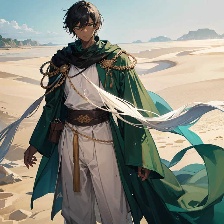 Anime tall man, masculine man, one person, cold look, calm, deep green eyes, dark skin, loose and flowing clothes, muscular build, dessert, sand, sand dunes, traditional clothes, layered clothes, sand blowing, dry, sand mask over mouth, green clothes, short hair, no water, dynamic pose, colorful, bright, interesting, dark skin, black hair, sharp features, masculine face, black skin, darker skin, one person, only one person, same eyes, no beach, dry area, close to character