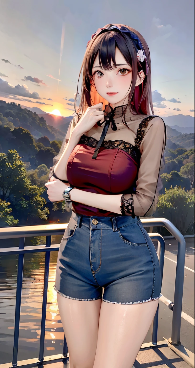 The scenery in the mountains is beautiful, There are orange and purple clouds at sunset, Fascinating and magical.