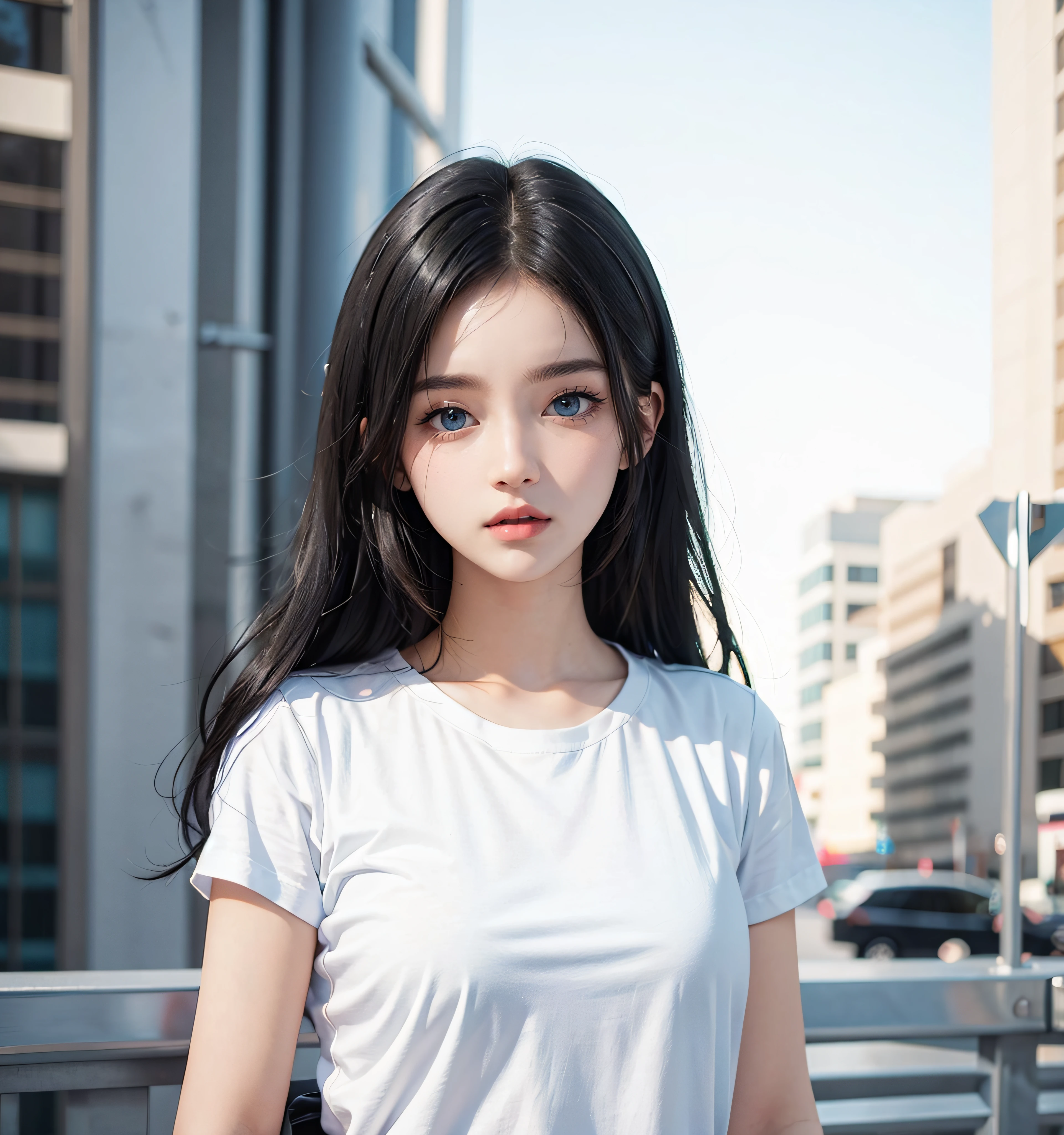 young girl ,blue eyes, black hair, white t-shirt, 16k