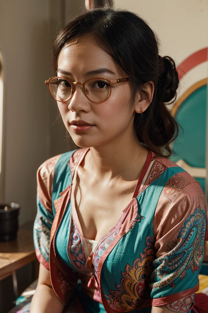 A beautiful portrait of juliachang in a whimsical and colorful circus setting, featuring intricate details and a retro aesthetic, glasses, created in the art style of Conrad Roset and Jeremy Lipkin