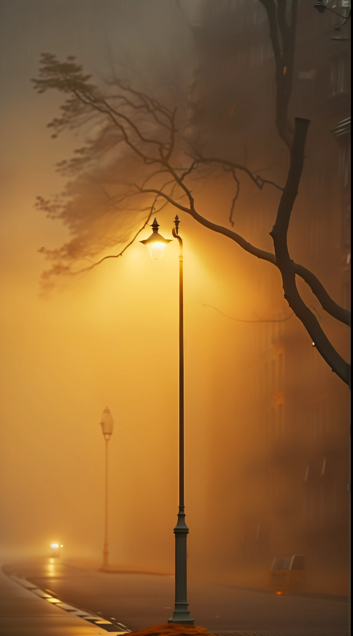 Close-up of street lamp on foggy street, Atmospheric fog and lighting, volume fog, orange fog, Midnight fog street light, yellow mist, Mysterious orange fog, dim lights and fog, Atmospheric cold light lighting, Foggy dusk lights, Brown ambient lighting, mist from fire, Subtle fog and mood lighting, Fog lights, light through fog