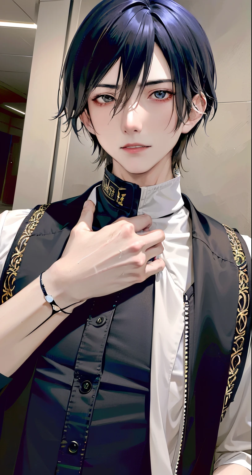 Anime male protagonist. Mysterious and difficult to explain, . unique and original, . Unconventional and non-conformist, . Ambitious、Visionary, . Refined and sophisticated;, . Impressive and imposing, . Calm and composed, . Serious and reserved, . silent and reserved) hyper-detailing, A high resolution, super detailing, Best quality at best, Amazing Cleavage, top-quality, extremely detaild的 CG unified 8k wallpapers, 电影灯光, cyber punk perssonage, Black Boy,