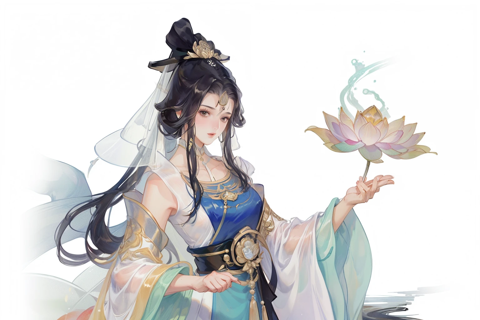 ((Best quality at best, 超高分辨率, Super clear)), (((1 girl))),(Long black hair), game fairy, Lotus leaf fairy, Hanfu, Yarn, Flowing light yarn, jewelry, (focal), (((Colorful))), particle fx , tmasterpiece, Best quality at best, beautiful painted, meticuloso, highly detailed, (tmasterpiece, Best quality at best) CG unified 8K wallpaper,tmasterpiece,Best quality,ultra - detailed), Decisive cut, Super HD picture quality,Clear face,good looking hand