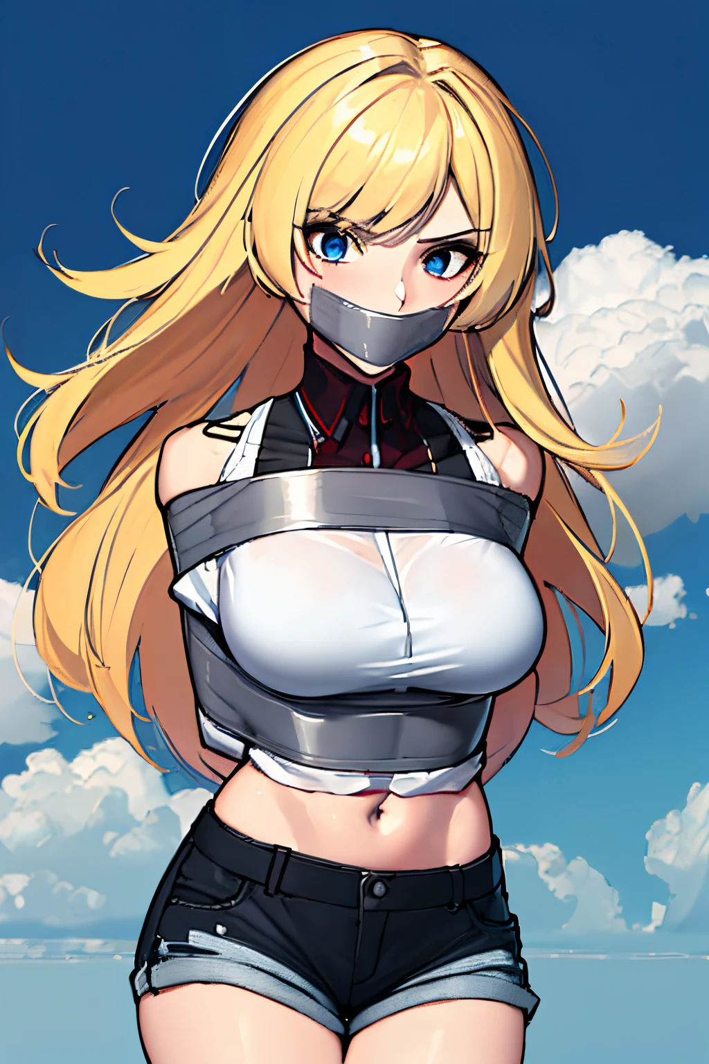 (absurdres, 8k, 4k, masterpiece, hyper extreme detailed:1.2), solo, 1girl, front view, perfect face, 1girl, portrait, expressive eyes, looking at viewer, solo, standing, Female, toned body, mature female, large breasts, pale, platinum blonde hair, long hair, dark blue eyes, swept bangs, athletic body, stoic, windy hair, moving hair, moving clothes, Dark Brown Shorts, black shirt, German, Military, battle worn, scars, messy hair, smile, happy, heroic, perfect anatomy, friendly, heroism, light blonde hair, blue sky, sun, clouds, muscular, half body, bound,  bondage, (arms behind back:1.4), bdsm, tape gag, tape, tape bondage, restrained, best anatomy, tape wrapped, wrap gag, tightly bound, tape wrapped around face, tape above breasts, tape below breasts, standing, tape gag, platinum blonde hair, light blonde hair, long hair, tape between breasts, taped forearms, taped elbows, taped abdomen, taped nose, taped between arms,