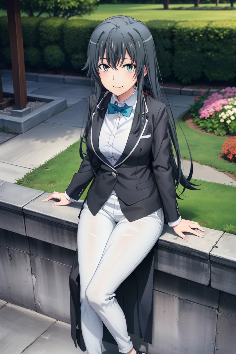 1girl, 独奏, Yukinoshita Yukino, Wearing a tuxedo suit, Female Butler, collared shirt, Tailcoat suit, blue necktie, Smiling, Full body, large breasts, White Jeans, Looking at the view, Garden background