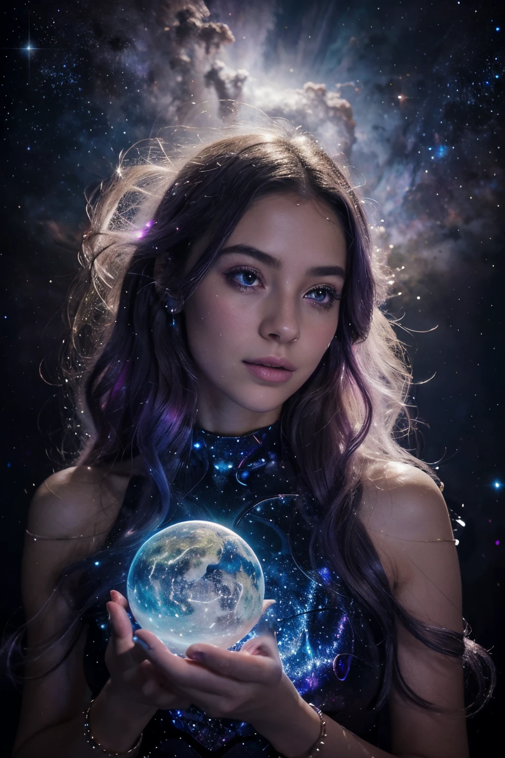 A girl with cosmic elements,
sparkling starry eyes,
shimmering galaxy colored hair,
glowing ethereal skin,
wearing a celestial-inspired gown,
floating in space with grace and elegance,
surrounded by nebula clouds and cosmic dust,
holding a glowing orb in her hands,
radiating cosmic energy,
her presence illuminates the universe,
captivating and mesmerizing,
imagine her in a dreamy and surreal setting,
with vibrant colors and surreal lighting,
creating a sense of wonder and magic,
evoking a feeling of awe and fascination,
(best quality, highres),
ultra-detailed (with intricate patterns and textures),
realistic with a touch of fantasy,
in a cosmic art style,
with a cosmic color palette of deep blues, purples, and vibrant pinks,
enhanced with sparkling stars and cosmic rays,
bathed in a soft and ethereal light.

(Medium: digital art)
(Medium+photography: incorporating real-life cosmic elements)

Remember to arrange the tags according to importance, and feel free to add more details based on the given theme of "cosmic girl".
