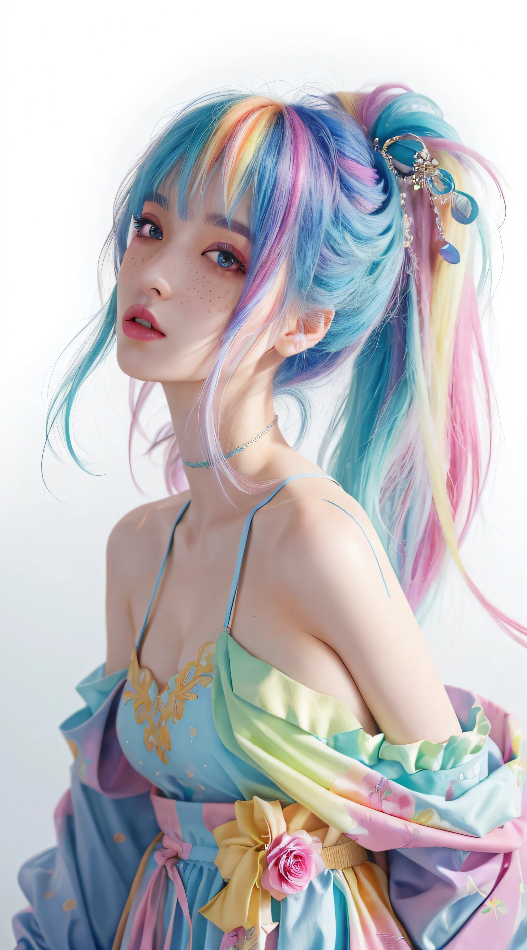 ((ultra - detailed)),((Eyes are bright)), (詳細な目) , 8K, winking, (Fake freckles makeup artist), ((Realistic skcus detail dress,Shiny shoulder skin,Has 2 shoulder straps)), With colorful hair and colorful clothes, Roses draw soft vitality, Ross paints vibrant, Style anime 8k, beautiful portraits, colorful art!!!, ! dream art jem, Beautiful anime girls, Style digital art, Art wallpaper 8k, number art, Very detailed ArtGerm,