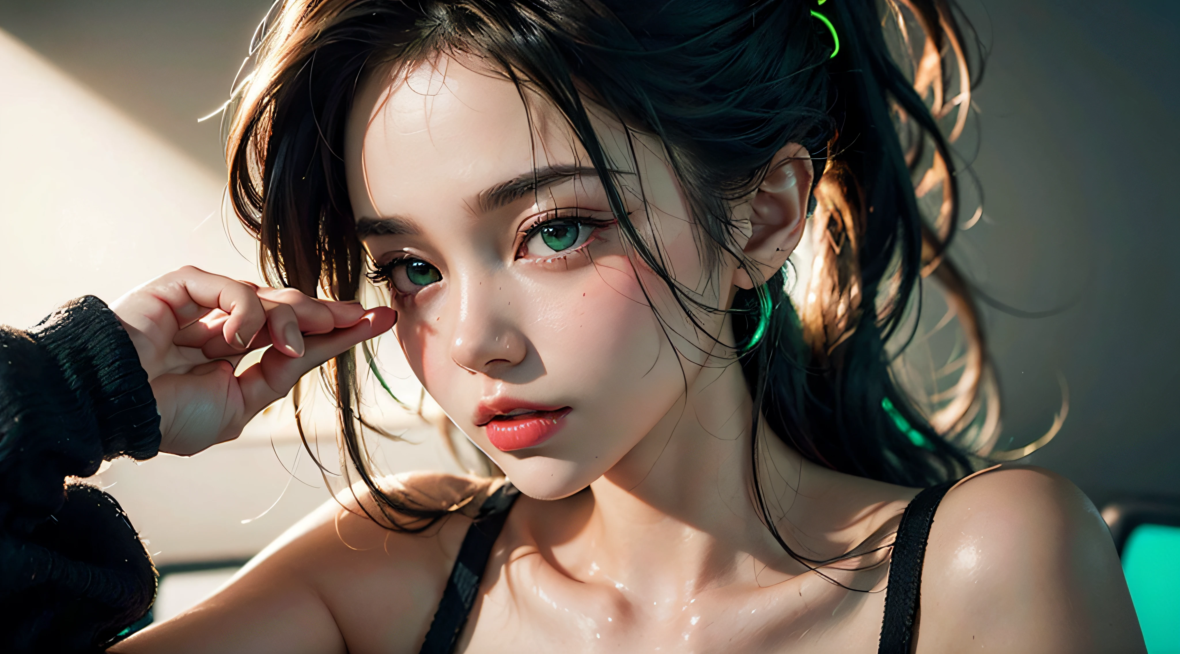 All photos are filled with green neon color, except for the model., 30 years old woman, (High-level attenuation: 1.3), hairlong, dark theme, Soothing tones, Muted colors, High contrast (natural skin textures, hyper realisitc, soft light, Sharp), green neon