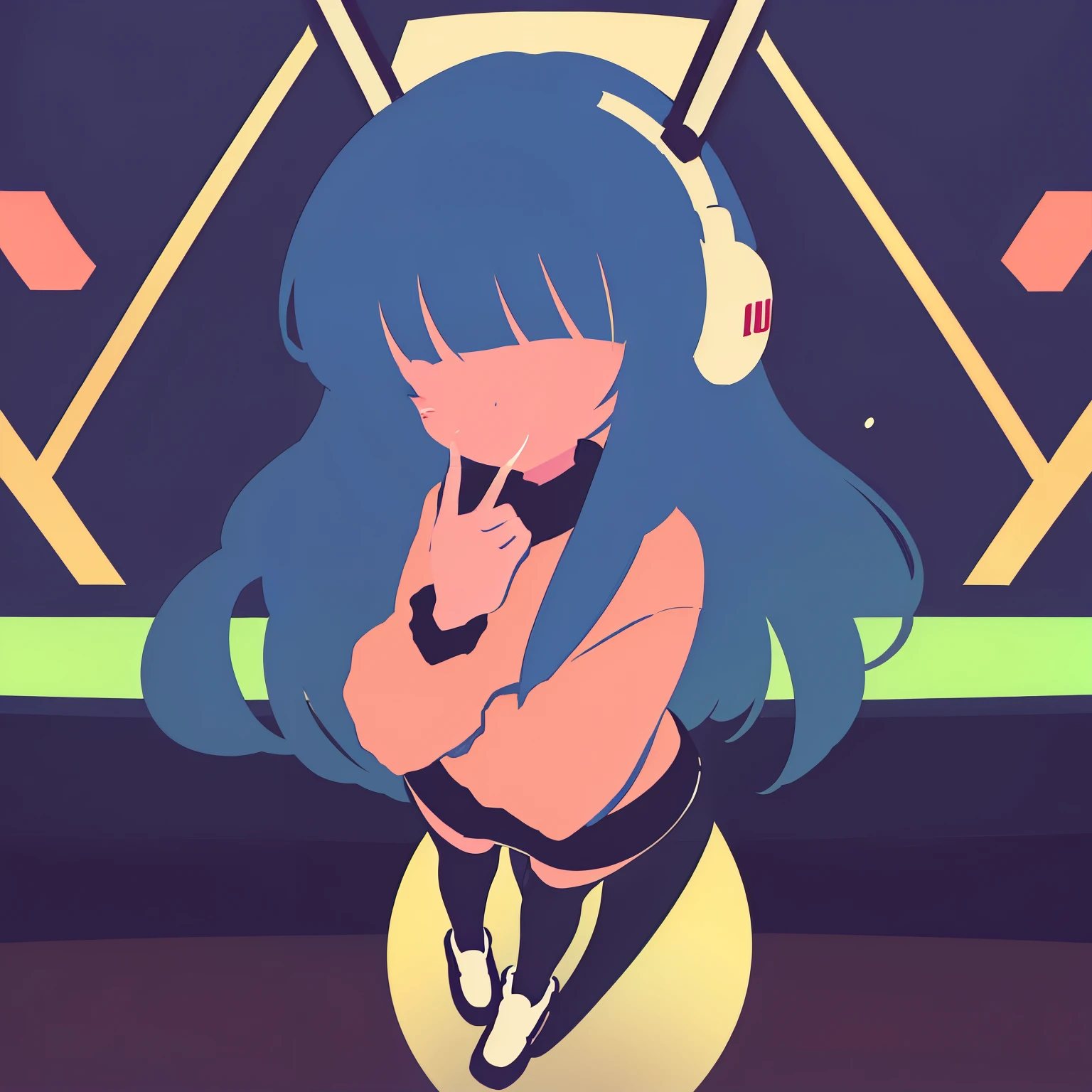 (best quality, 8k, highres, masterpiece:1.2, ultra-detailed, realistic:1.37, girl, playing an instrument, surreal, oversized hoodie, headphones, street style, hands in pockets, 
one girls[(Dark blue hair、amber eyes、a short bob、masutepiece、超A high resolution、Cute smile、Detailed limb depiction、Accurate depiction of limbs、Accurate finger depiction、Beautiful body line、beauty legs、Depiction of beautiful eyes、)
(Fluorescent large size blouson、White High Neck Sweater、Plaid miniskirt、White muffler、White sneakers in large size、)Enlarged portrait of a person、A sexy、Open both legs、dye one's cheeks red、Panchira、]
Neon color background、
beautiful night scene、
without background、