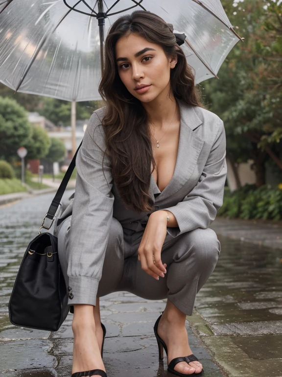 Imagine A girl, Named fatemeh, 25 years and 7 months and 21 days old/ mixture of Phoenician, Greek, Armenian, and Arab/almond eyes, brown eyes, mesh hair,thick hair, ponytail/ bow-shaped lips, uptruned Nose, square jawline, narrow forehead, Protruding chin, high-arch eyebrows, black eyebrows , thick eyebrows/168 centimeters height, 61 kilograms weight,tanned body/ small mole on left eyebrow، small mole on the corner of the lower left lip, straight white blond wavy hair،A small amount of acne on the cheek، Cheek dimple, chin dimple/ , RAW PHOTO, hyperrealistic, ideal face template/ buisness woman , grey suits and pants, expensive highheels shoes/ dark preset/ crowded mountain park, rainy day, cold, umbrella, Wrist black watch، black bag,/ long range photoshoot, long distance photoshoot, full body photoshoot / detailed eyes, detailed face, detailed anatomy, detailed hands, detailed legs, detailed feets, detailed body,