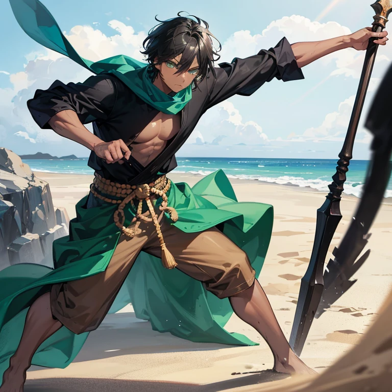 Anime tall man, masculine man, one person, cold look, calm, deep green eyes, dark skin, loose and flowing clothes, muscular build, dessert, sand, sand dunes, traditional clothes, layered clothes, sand blowing, dry, sand mask over mouth, green clothes, short hair, no water, dynamic pose, colorful, bright, interesting, dark skin, black hair, sharp features, masculine face, black skin, darker skin, one person, only one person, same eyes, no beach, dry area, close to character, eyes match, dynamic stance, long spear, fighting pose, spear, one person