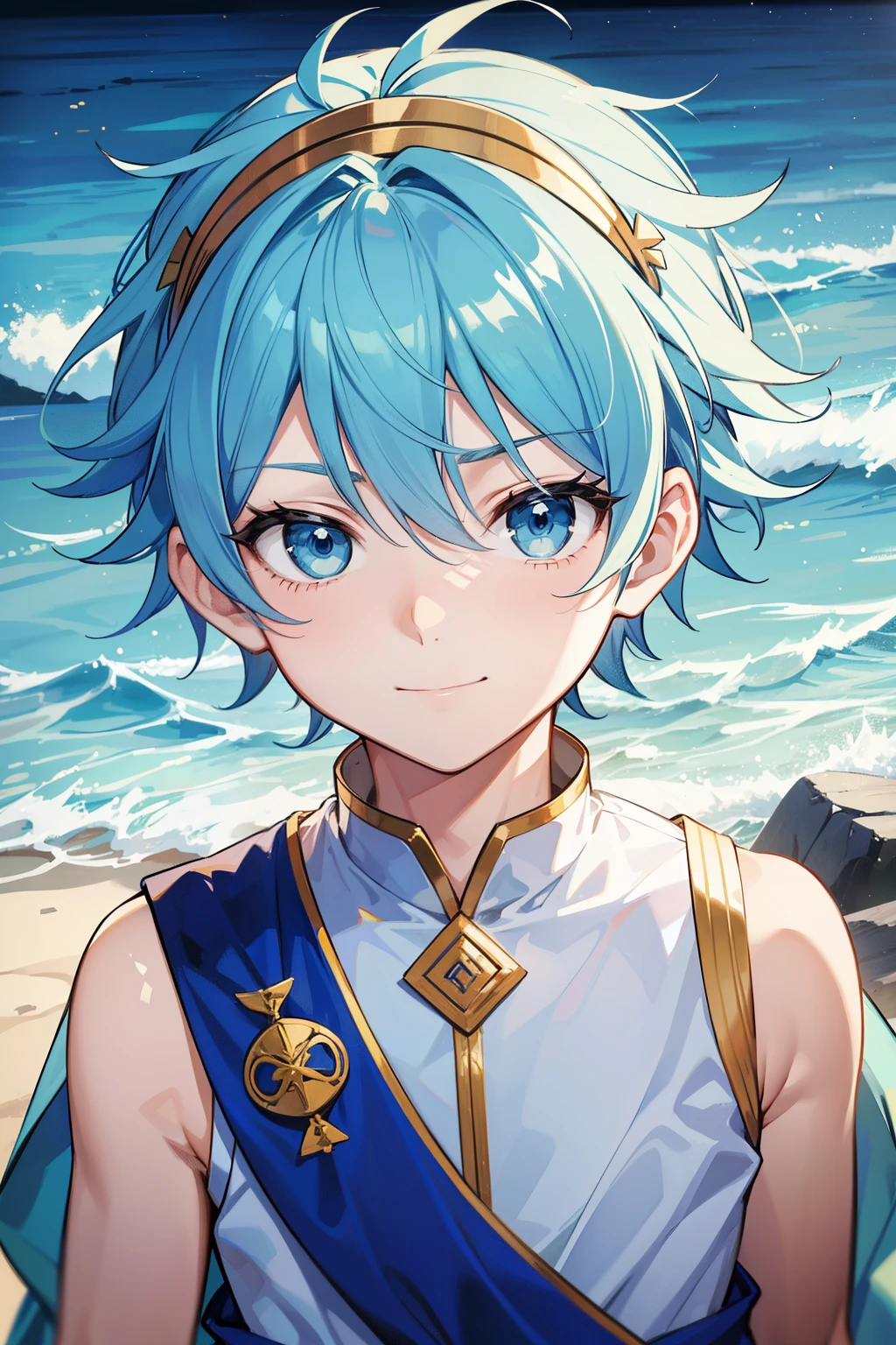 (high-quality, breathtaking),(expressive eyes, perfect face) 1boy, male, solo, toddler, small, young kid, light blue hair, green coloured eyes, stylised hair, gentle smile, short length hair, loose hair, side bangs, curley spiky hair, looking at viewer, portrait, ancient greek clothes, blue tunic, white Chlamys, sleeveless, greek, blue and gold sash, ocean background, laurel on head, slightly narrow eyes, masculine face