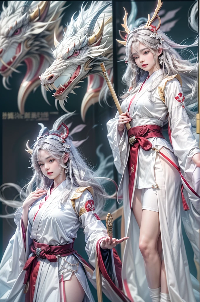 (Photoreal Stick:1.4, masutepiece:1..3, 8K), top-quality, masterpiece, 超A high resolution, Perfect dynamic composition, Professional camera work, Grow Light Effect, Mystical portrait, Cinematic Light, Highly detailed skin and facial texture:1.3, The ultra-detailliert, A detailed eye, (ride a white dragon, carry a long noble staff), (myterious:1.3, Fanciful:1.2, tradition:1.2, legends:1.2, majestueux:1.2), 1girl in, 25-years old, cute and sexy slim goddess, Fair skin, (A slight smil:0.9, Totally captivates you:1.0), (japanese miko costume:1.3), (voluptuous breasts:0.9), (Backshots, Calm pose), (Beautiful blue eyes, Eyes that feel beautiful eros:0.85), Sexy face:0.4, (A mouthfeel that feels beautiful eros:0.85), ((Too cute beauty:0.9)), Fantastic background