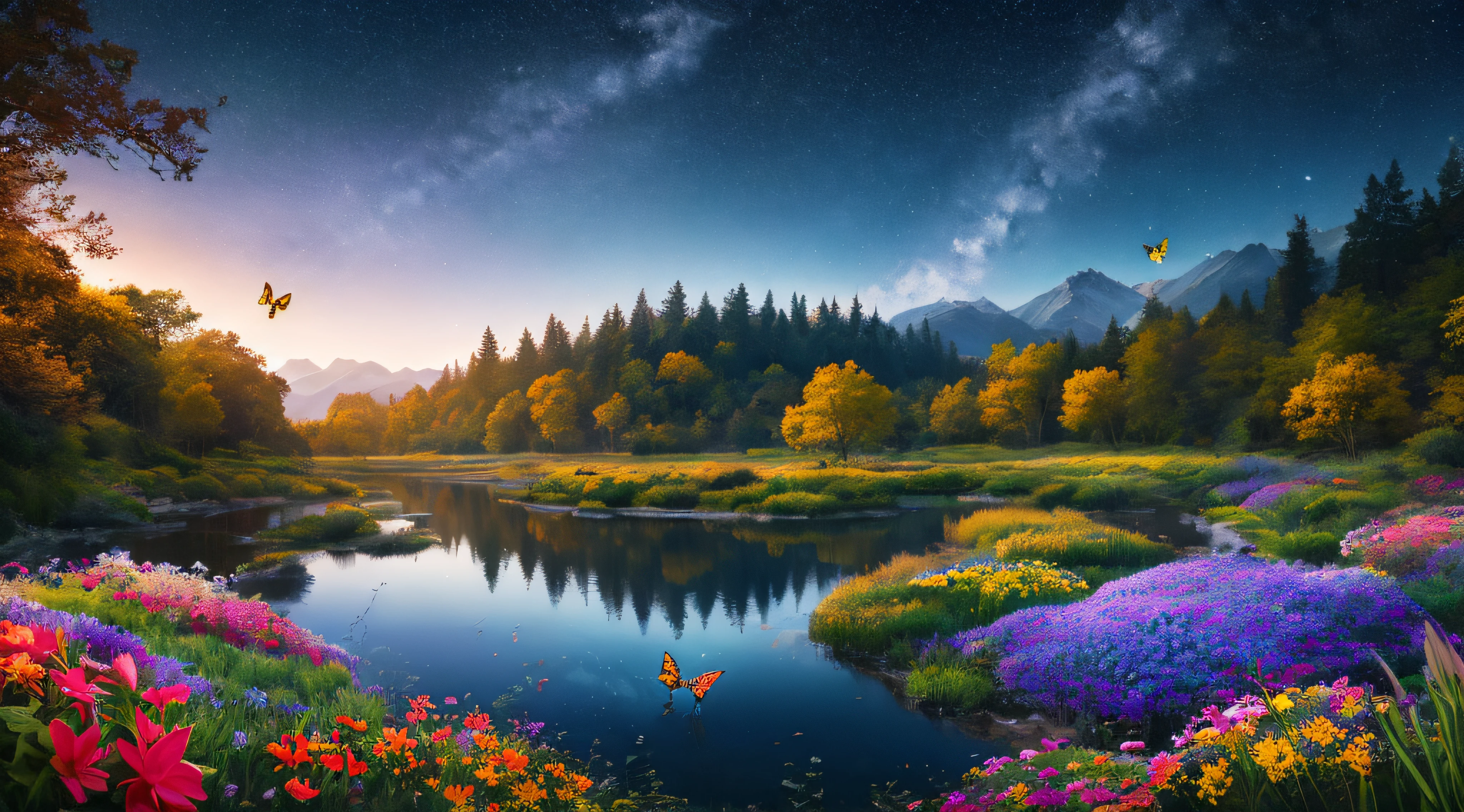 tmasterpiece, Best quality, high high quality, extremely detaild的 CG unified 8k wallpapers, Extremely colorful、pure fantasy environment,Vibrant hues and bright night sky, sky full of stars, Bright green grass landscape, Colorful trees, Sparkling fruit, and bright glowing blue flowers. Dark stream, The air filled with sweet exotic aroma. The environment seems to be taken out of a dream, Glowing butterflies and huge colorful birds flying around, award winning photography, bokeh, depth of fields, HighDynamicRange, full bloom, color difference ,realistically,very detailed nipples, Hot topics on artstation, CGsociety trends, iintricate, high detal, theatrical, halfway art