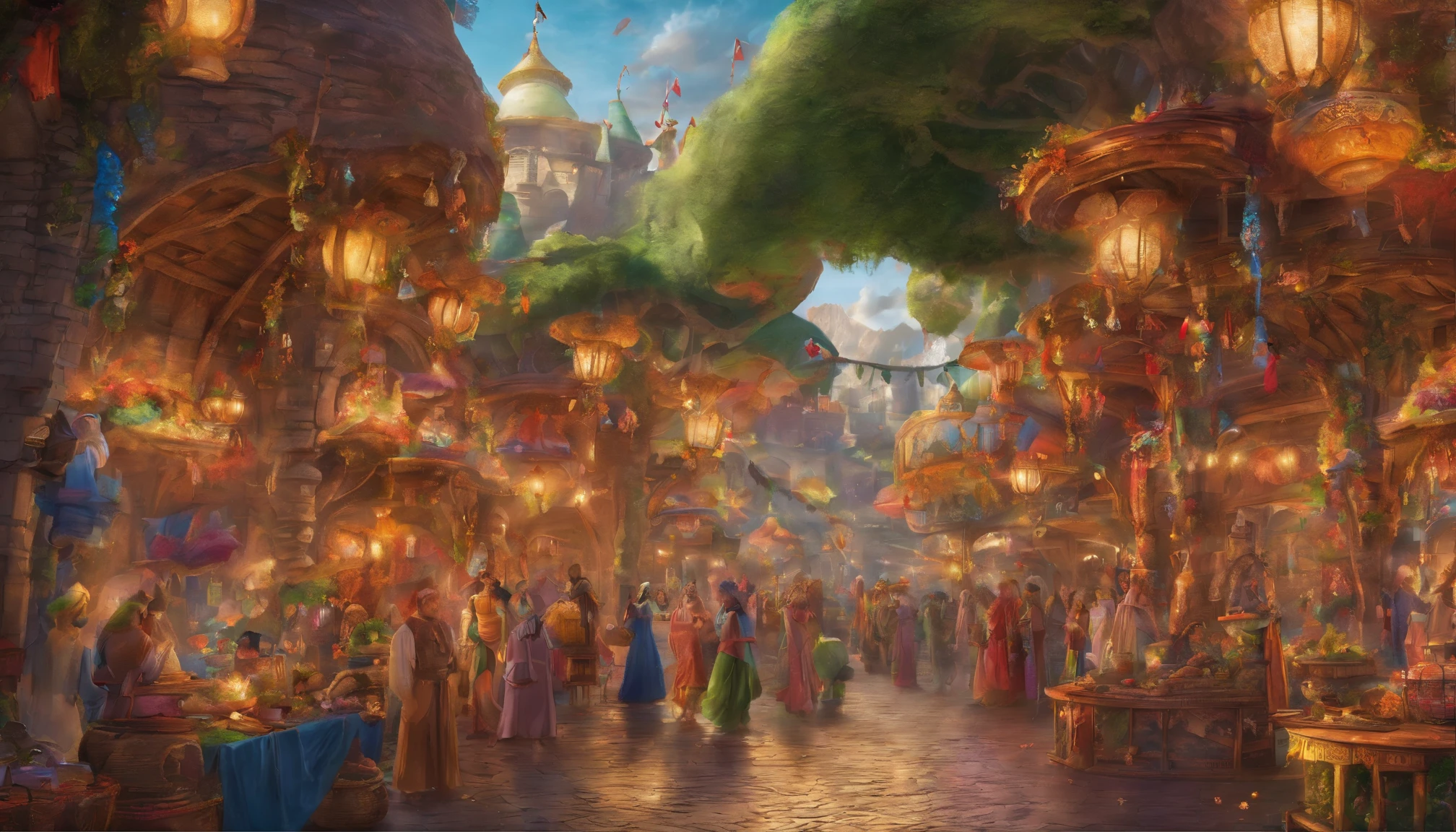 bustling bazaar in a large kingdom, colorful cloth covered stalls, vendors, fantasy items