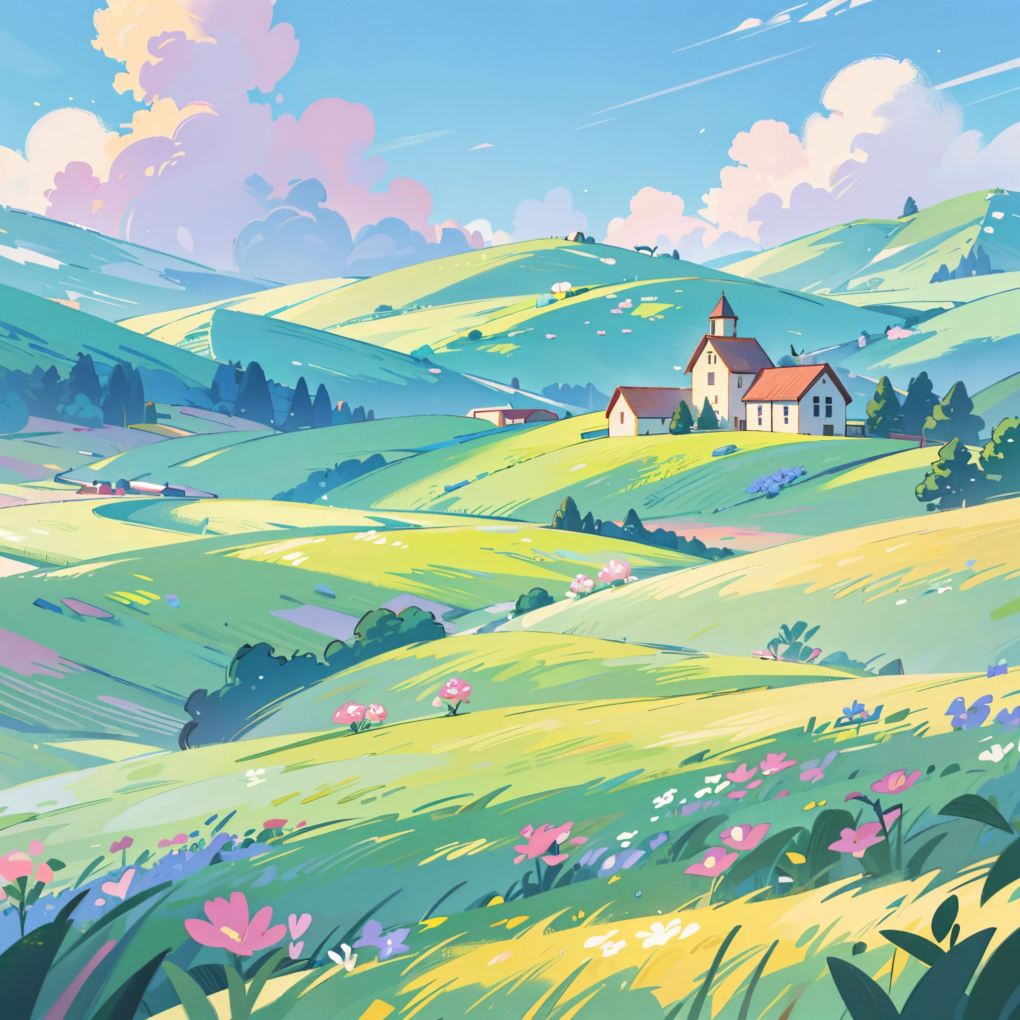 countryside, field, meadow, crop fields, multiple types of flowers and plants, ((farmhouse)), masterpiece, best quality, sharp focus, intricate details, perfection, golden ratio composition, 8k resolution, high resolution, beautiful, beautiful sky, vibrant pastel colors, bright colors