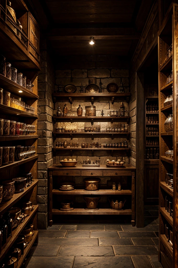 historical setting magic store inside, front view, harry potter, DIAGON ALLEY, showcase, textured, maximum detail, peltate plate, no people, Highest quality, masterpiece, magic potion, Mythological creatures