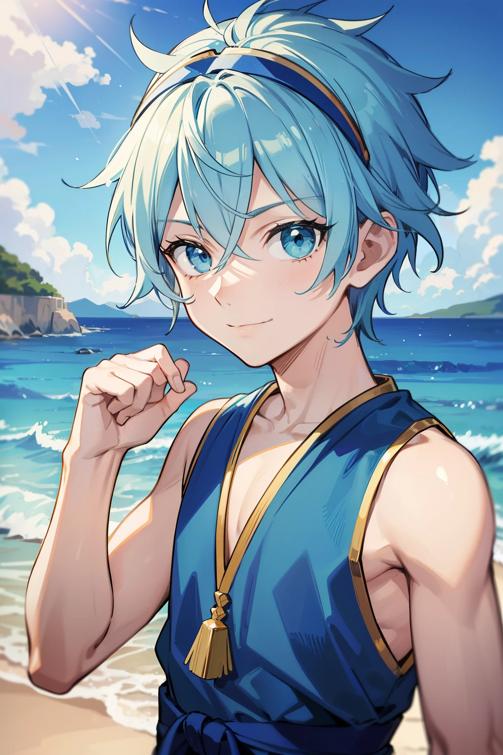 (high-quality, breathtaking),(expressive eyes, perfect face) 1boy, male, solo, toddler, small, young kid, light blue hair, green coloured eyes, stylised hair, gentle smile, short length hair, loose hair, side bangs, curley spiky hair, looking at viewer, portrait, ancient greek clothes, blue tunic, white Chlamys, sleeveless, greek, blue and gold sash, ocean background, laurel on head, slightly narrow eyes, masculine face