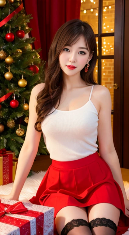 high qulity,ultra - detailed,(actual,realisticlying,Photorealistic,,full bodyesbian,20 year old innocent girl,Red skirt,Gift box,Colorful lights,vivd colour,,gentlesoftlighting,Fantastical Atmosphere,in a box,Gift box,