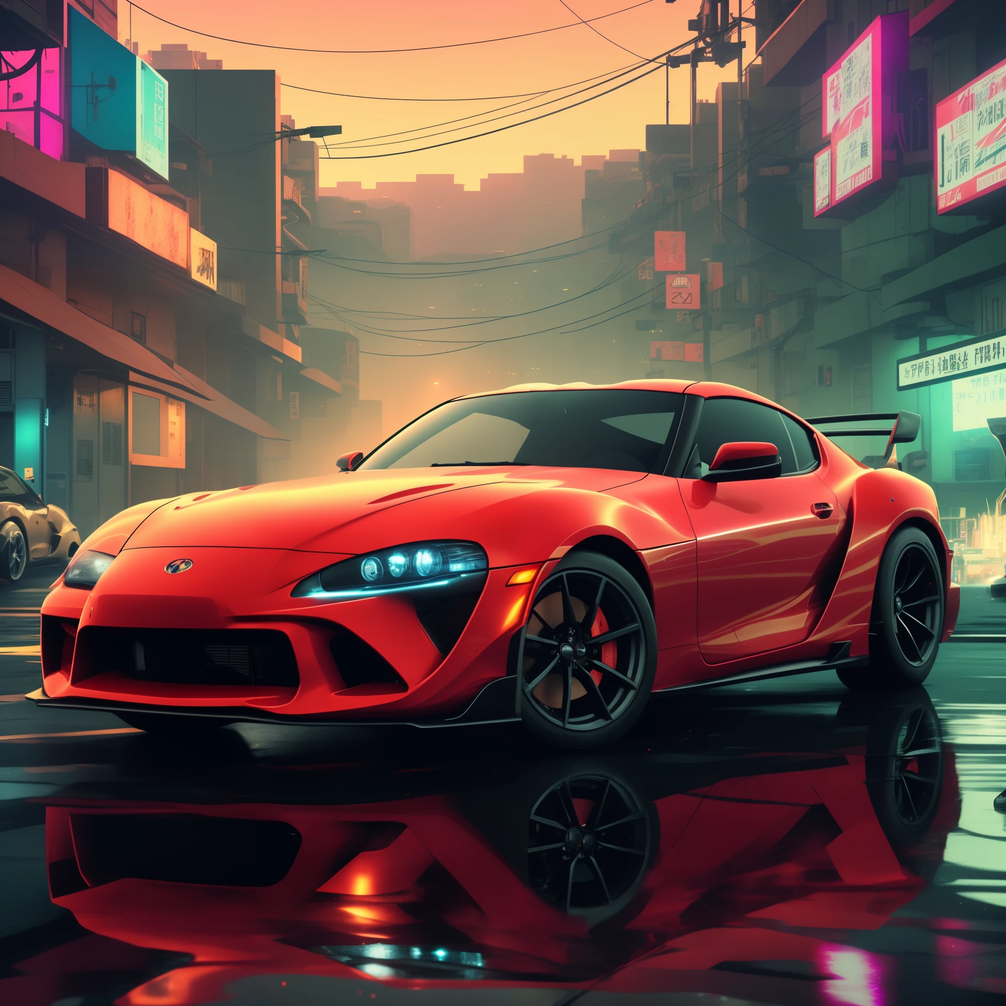 a close up of a red sports car parked on a city street, toyota supra, badass anime 8 k, wallpaper mobile, anime style 4 k, dan mumford. 8 k octane render, red and cinematic lighting, 3840x2160, 3840 x 2160, wallpaper 4k, wallpaper 4 k, 8k stunning artwork