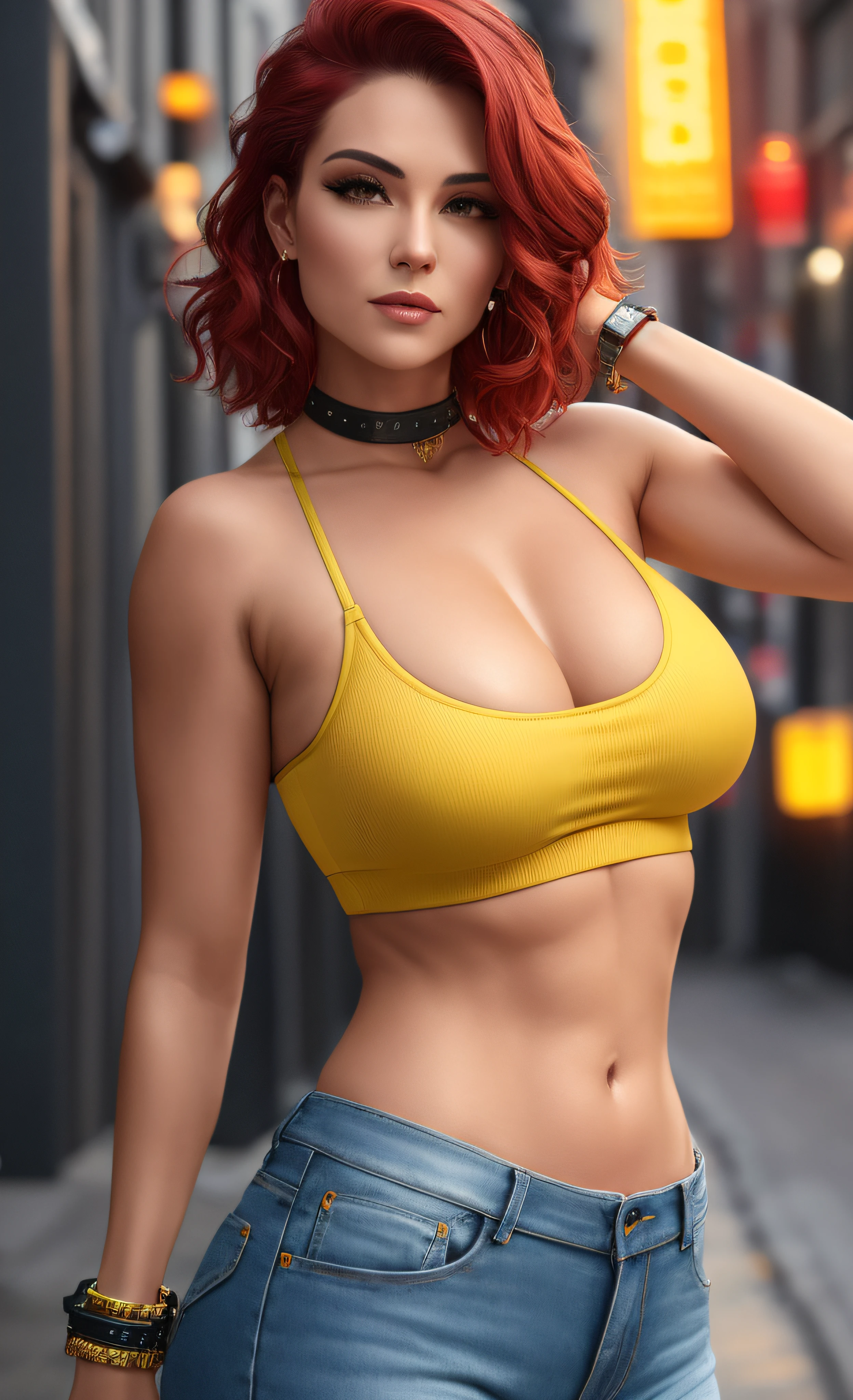 highly detailed woman wearing  yellow crop top, wearing jeans, dark alley , night, street light, makeup,

 closeup, sharp focus, beautiful esd_woman,perfect esd_face, perfect esd_body, 
realistic, hyper realistic, sweat, shinny skin,
stripes, belts , award winning photo, extremely detailed, amazing, fine detail, detailed eyes and face, large breasts, fitness, short red hair, wrist watch,