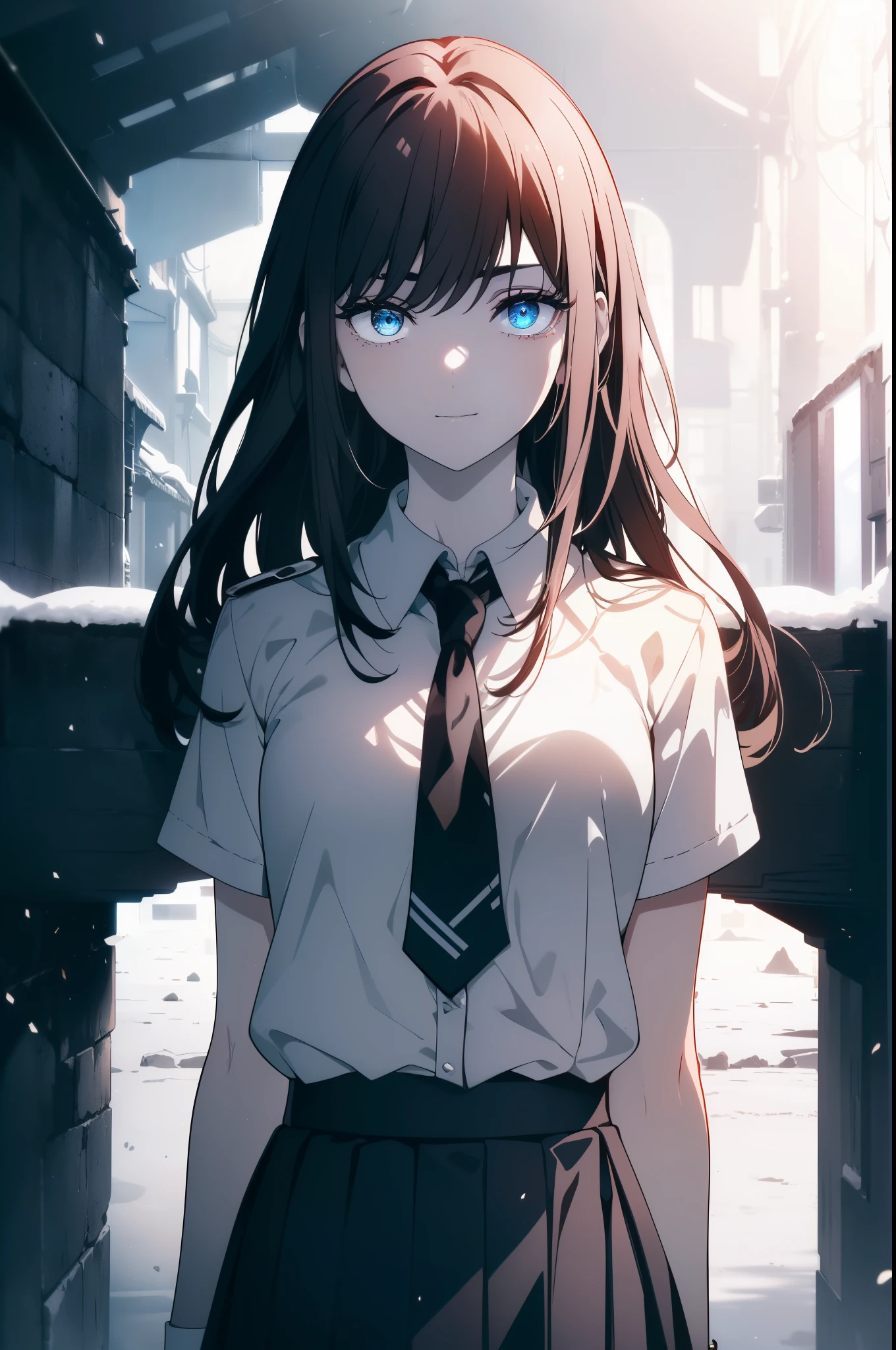 (Obra maestra, La mejor calidad, ultrahigh resolution), 1girl, standing, school uniform, white office shirt, black pleated skirt, ((light brown, light brown hair:0.7), long hair cut, pale skin, ((blue eyes)), glowing_eyes, neon eyes, (ultra detailed eyes, beautiful and detailed face, detailed eyes), ((centered)), smile, ((wide shot)), facing viewer, eye level, (blurry background, bright snowy background, winter), flat chested, looking at viewer, ((half closed eyes)), ((perfect hands)), (((head, arms, hips, elbows, in view))), ((hands behind back)), empty eyes, beautiful lighting, outside, outdoors, background, defined subject, 25 years old,
