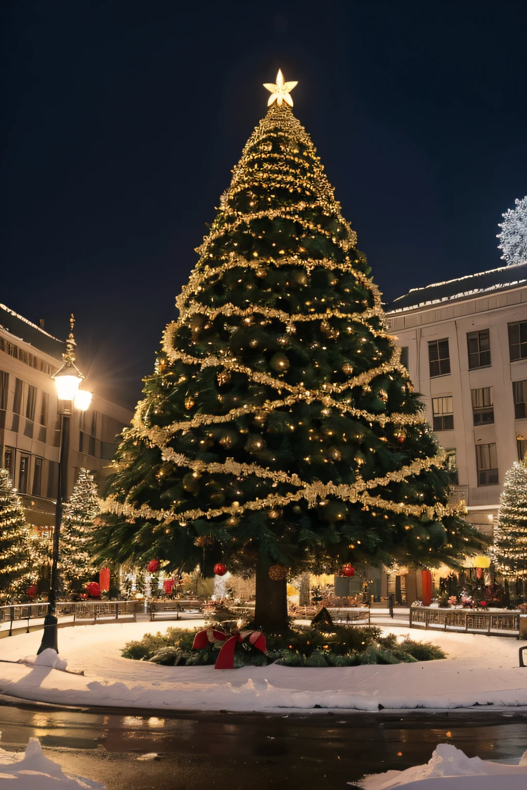 a huge christmas tree,festive atmosphere,a sense of atmosphere,christmas,in the snow,4K,真实感,colours,high saturated