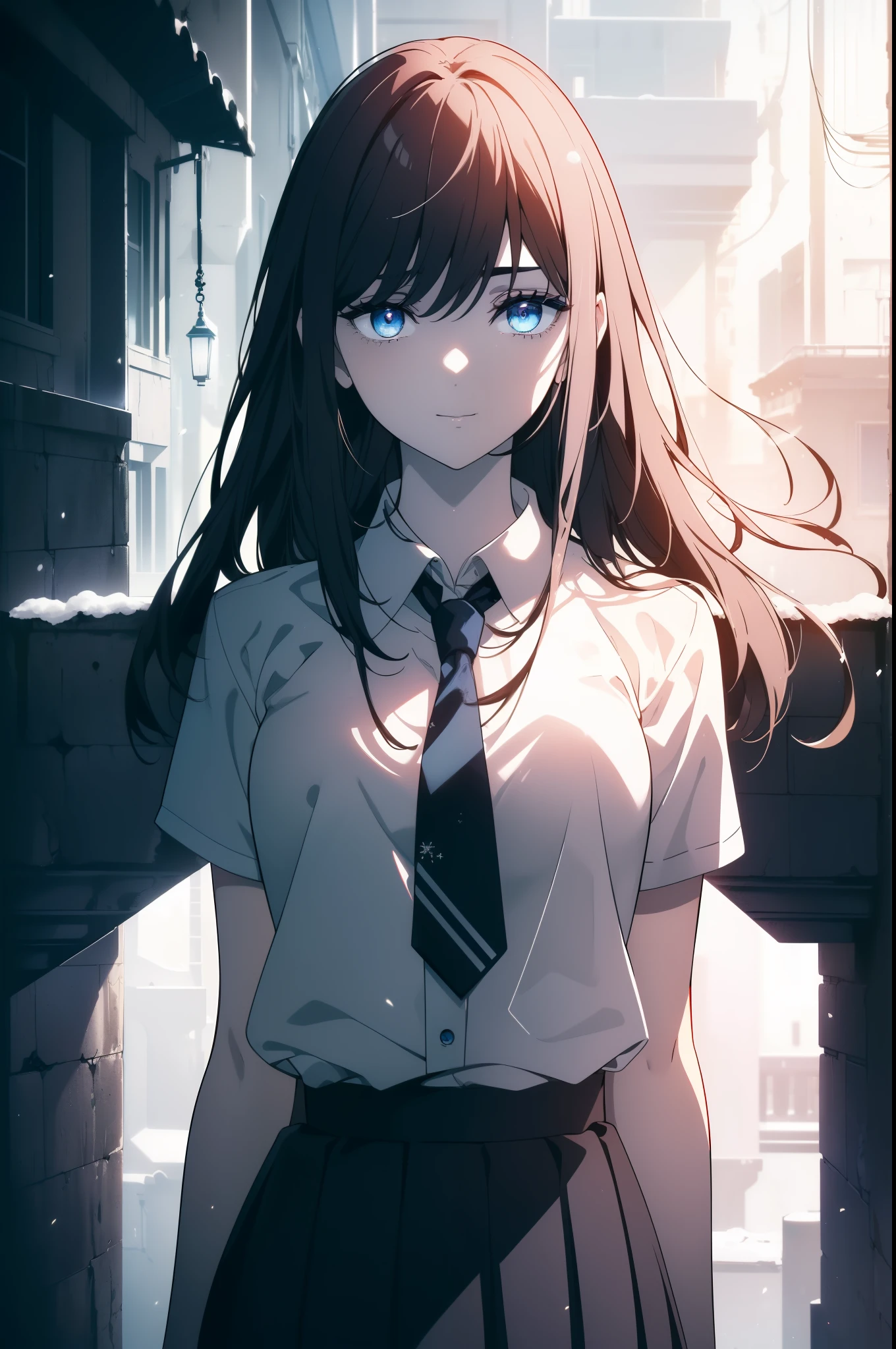 (Obra maestra, La mejor calidad, ultrahigh resolution), 1girl, standing, school uniform, white office shirt, black pleated skirt, ((light brown, light brown hair:0.7), long hair cut, pale skin, ((blue eyes)), glowing_eyes, neon eyes, (ultra detailed eyes, beautiful and detailed face, detailed eyes), ((centered)), smile, ((wide shot)), facing viewer, eye level, (blurry background, bright snowy background, winter), flat chested, looking at viewer, ((half closed eyes)), ((perfect hands)), (((head, arms, hips, elbows, in view))), ((hands behind back)), empty eyes, beautiful lighting, outside, outdoors, background, defined subject, 25 years old,