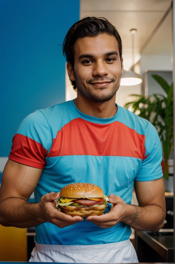 A 30-year-old Brazilian man eating hamburger in a modern cafeteria with interior decorated in blue and red colors. He's happy, looking at the camera. Super detailed, photo.