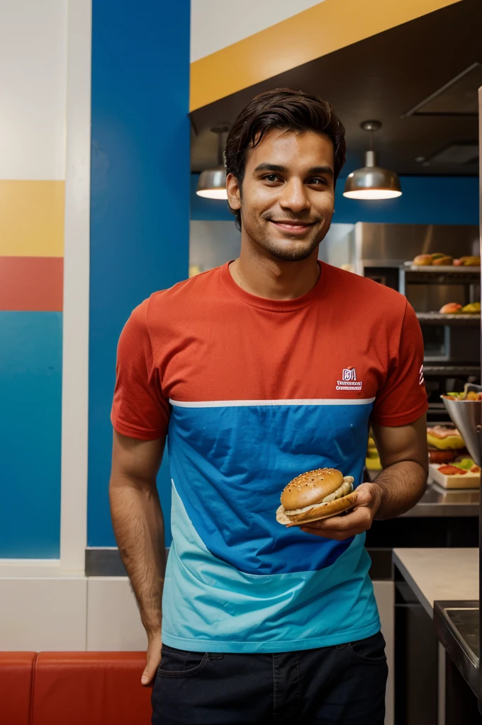 A 30-year-old Brazilian man eating hamburger in a modern cafeteria with interior decorated in blue and red colors. He's happy, looking at the camera. Super detailed, photo.