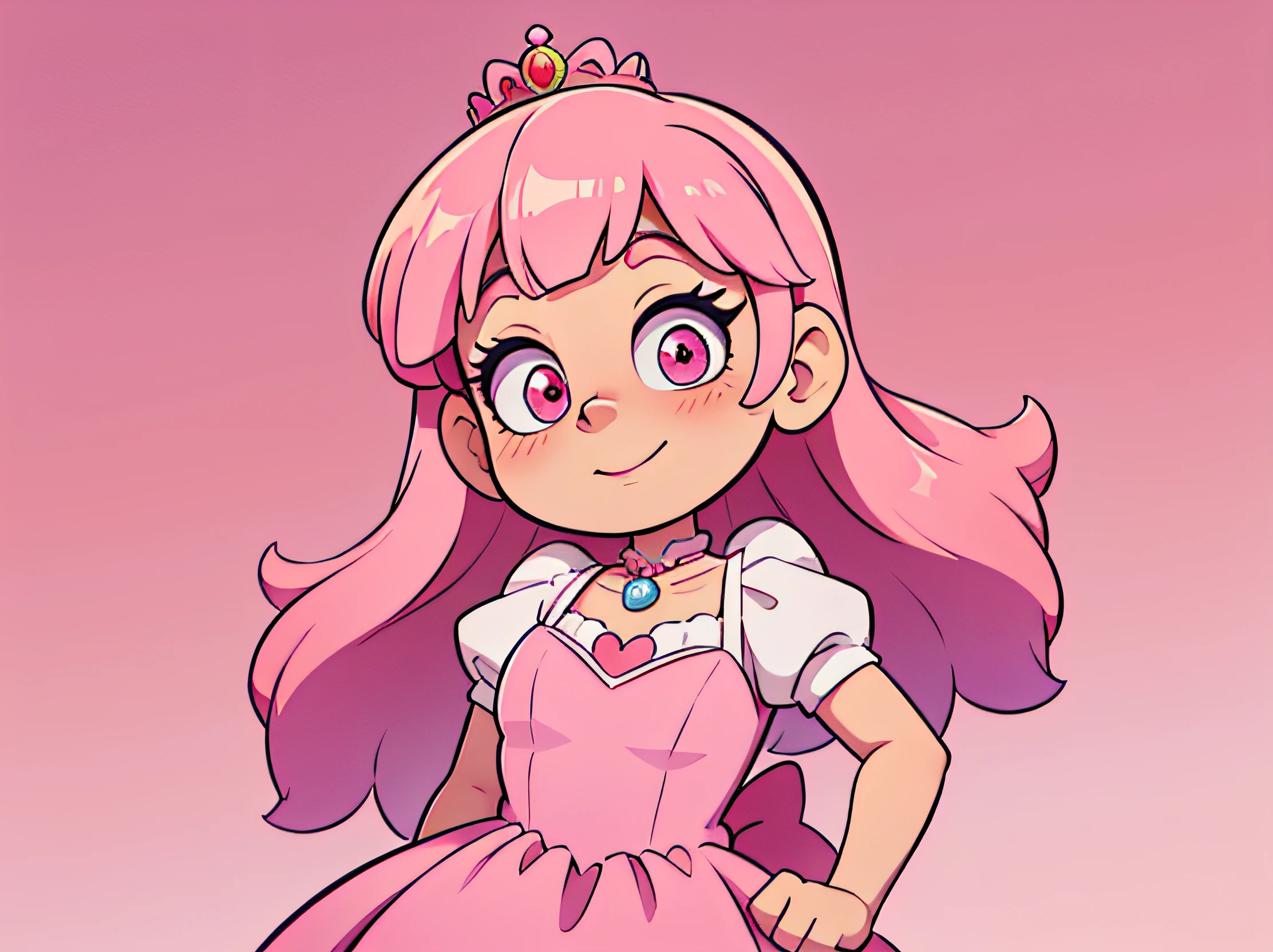 a little cartoon girl in a pink dress with a tiara on her head, pink iconic character, inspirado em princesa Peach, Estilo dos desenhos animados, Princesa fofa, cel sombreado:15, vestido com um vestido rosa, corpo inteiro, feliz sorrindo, olhos alegres, pulando, dinamic