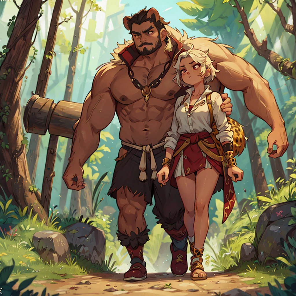 , muscular girl, huge chest, short hair, tomboy, , walk.full body, white hair, dark skinned, red eyes, leopard cloths, sauvage, amazone,barbarian, walking, revealing cloths, fantasy, tribal clothing, forest, hammer holdingù