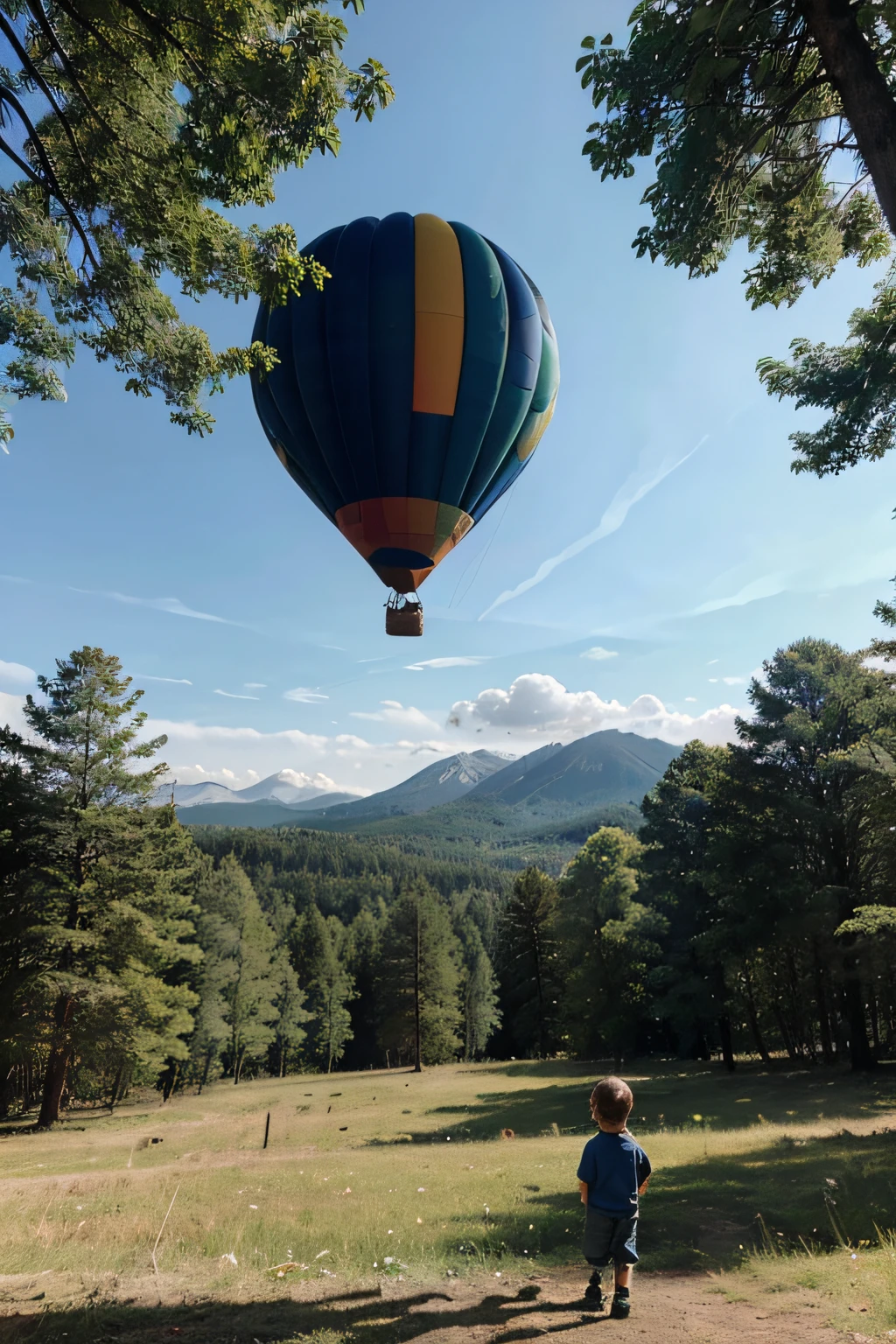 hot air balloon flying in distance, a forest with big full trees, mountains in background, ??? looking at sky