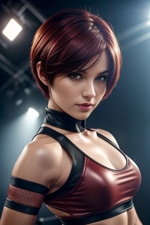 wmma, fingerless gloves, woman, short hair, dark red hair, midriff, toned, stage lights, fence,  (sharp focus:1.2), portrait, ((posing)), (beautiful face:1.1), detailed eyes, luscious lips, ((skindentation)), (bright studio lighting:1.2), depth of field, bokeh, 4K, HD