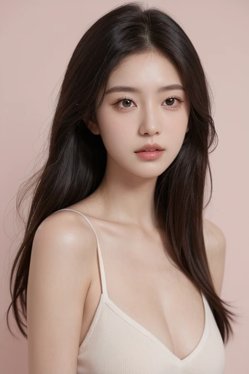 Best Quality, Masterpiece, (Photorealistic:1.5), Photo of a beautiful 22-year-old woman, face, Grey eyes, clear, pale skin, Pink cheeks, Straight Nose, pink lib, shiny black long hair, White background, Front view, upper half body