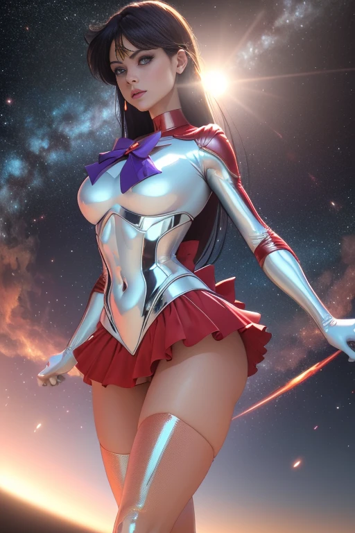 master part, cheio: 1.5, stand, 8k, ..3d, Realistic, Ultra Micro Fotografia, Qualidade Superior, Ultra Detalhe CG Unity 8k Wallpaper, de baixo, detalhes intrincados, (1 female), 18 anos, (Sama1, tiara, Uniforme de Guerreiro Marinheiro, luvas brancas, colar de marinheiro vermelho, saia vermelha, Uniforme de Guerreiro Marinheiro: 1.2, Marinheiro Marte: 1.2, Meishaonv), cabelos pretos arroxeados incrivelmente longos e lisos: 1.2, Cabelo longo liso bonito com brilho: 1.2, Uniforme Sailor Senshi, ((bright red pre-gate mini skirt: 1.4, arco roxo muito grande no centro do peito: 1.4, tiara dourada na testa: 1.5, luvas vermelhas nos cotovelos: 1.1, botas de cano longo com esmalte vermelho brilhante: 1.3, colarinho vermelho saturado, Colarinho marinheiro vermelho saturado, Long gloves of white latex: 1.3, very large red bow behind the waist: 1.1, gargantilha vermelha, clivagem parece maior, brincos vermelhos em forma de estrela)), SMMars
Cabelos muito longos, franja separada, (sorriso sedutor, cara muito bonita, detalhes do rosto: 1.5, olhos roxos brilhantes, beautiful face, Olhos bonitos, olhos brilhantes, thin lips: 1.3, thin, sharp, pale eyebrows, long dark eyelashes, Double eyelashes), joias douradas de luxo, Asas brancas enormes, fino, fino e musculoso, Rosto pequeno, seios grandes, perfectly proportions, cintura fina, pose de modelo sexy, visible pores, perfect hands: 1.5, high-legged swimsuit, (very thin and fit high gloss white holographic leather), octane rendering, very dramatic image, Luz natural forte, sunlight, exquisite lighting and shadows, Dynamic angle, DSLR, foco nítido: 1.0, Maximum clarity and sharpness, (space background, Dynamic Fire, Dynamic Frame, humano em chamas: 1.3, luar, lua, Dynamic background, fundo do detalhe)