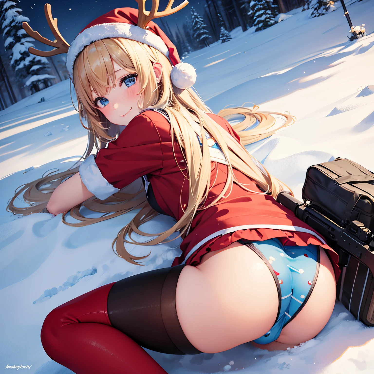 (masuter piece, Best Quality), ars old girl, Lori, Petite, valley,Scho, a blond,Twin-tailed,Santa figure,Reindeer headband,up skirt, printed panties, lie face down on a mountain of snow, from behind, small bottom, a park, Smile, Fun, Volumetric lighting, Sunlight, wild reindeer,Christmas tree,snowman,Hold a sniper rifle