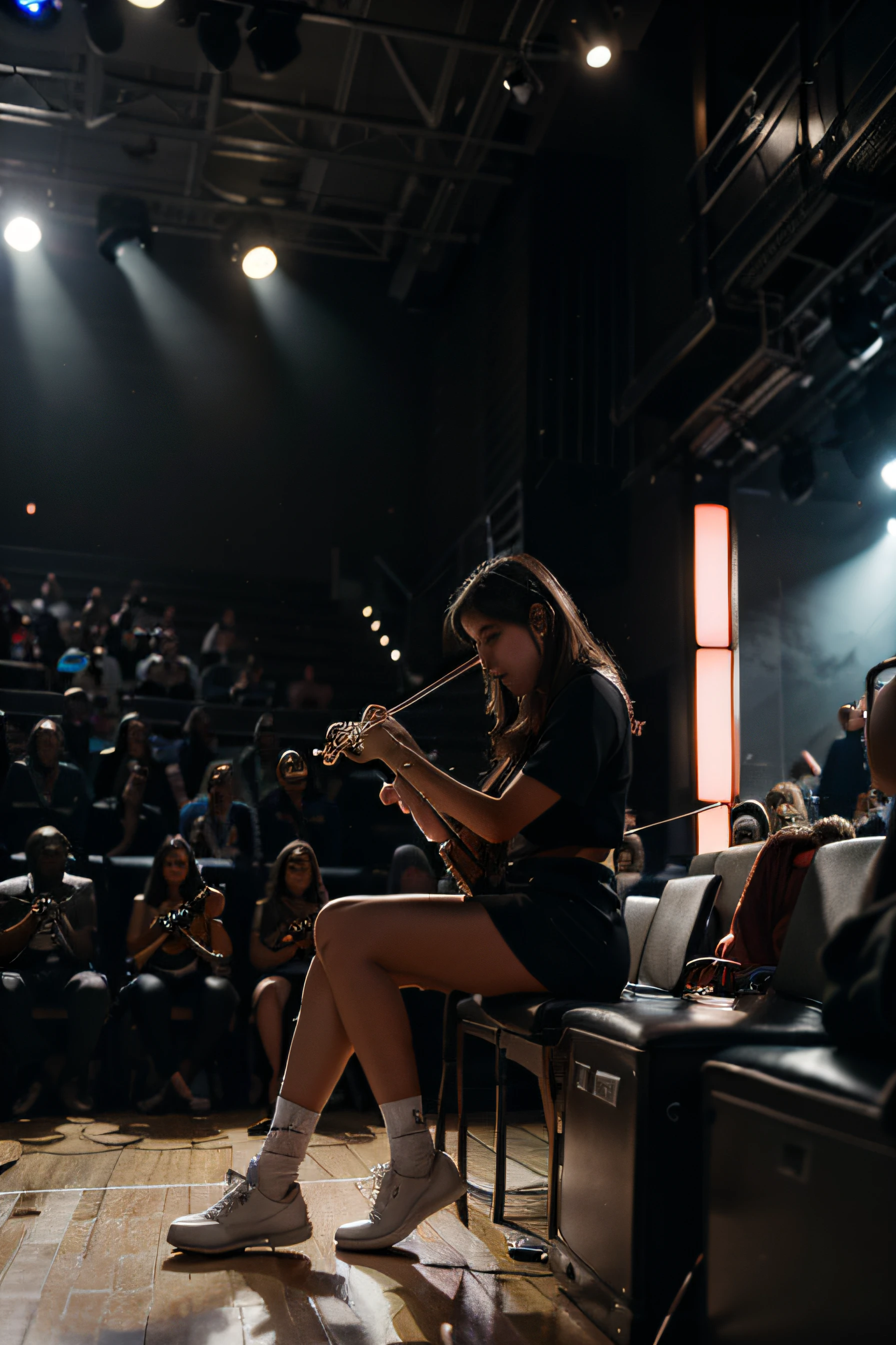 a girl sitting on the stage,playing violin,Wearing street hip-hop style clothing,Dark background,Light hits the face,concert lights,Single photo,There no audience