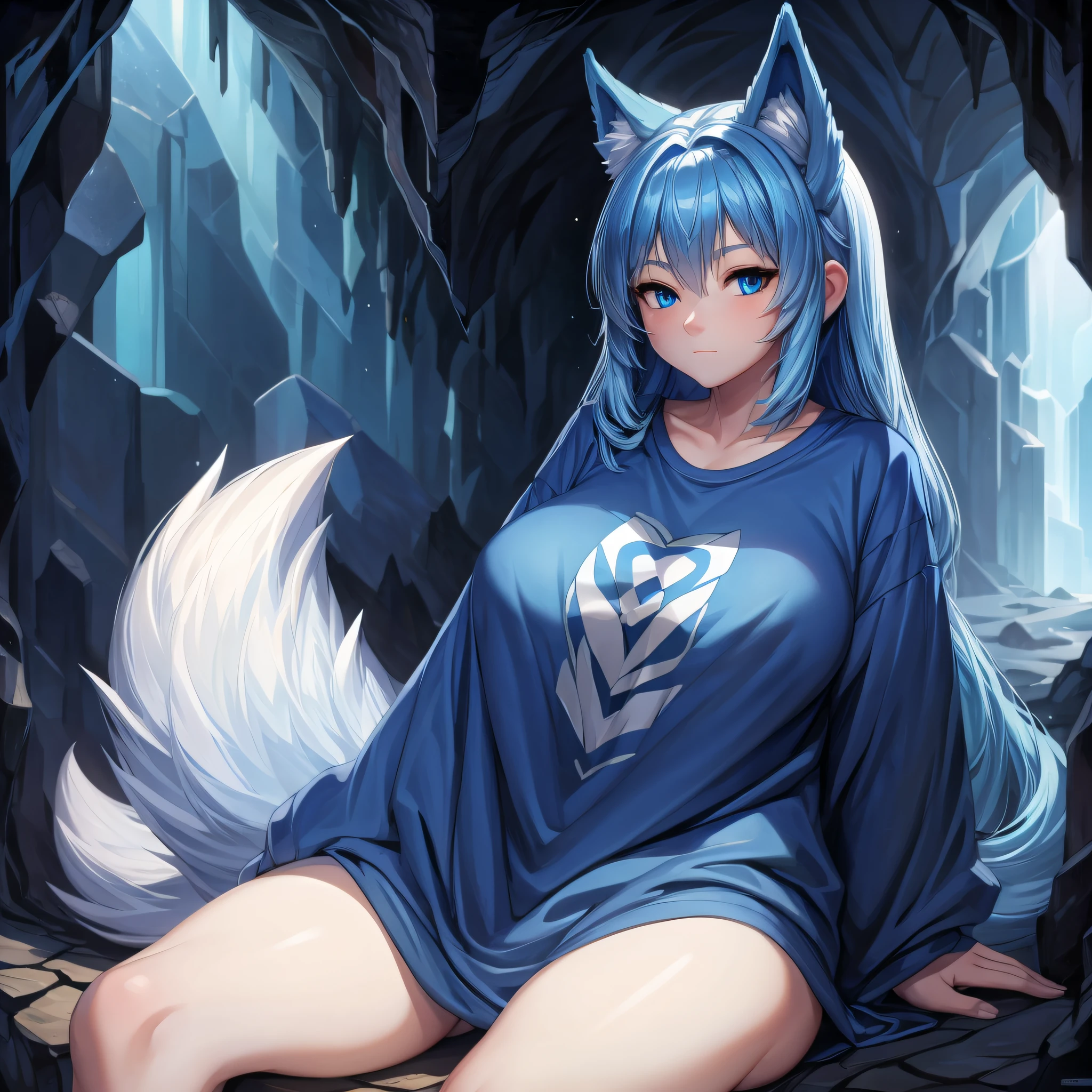 (Masterpiece) (High Detail) (High Res) Close up of A short humanoid girl with pale human skin and blue eyes and long blue hair and blue dog ears and a big fluffy dog tail and average breasts sat alone in a dark cave with glowing gems on all the Cave walls. The glowing gems are the only light source. She is dressed in only a oversized baggy t-shirt.