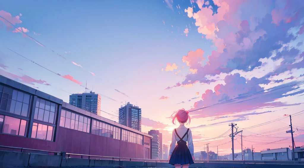 pink and blue sky, modern building silhouette, back view of girl, anime scene